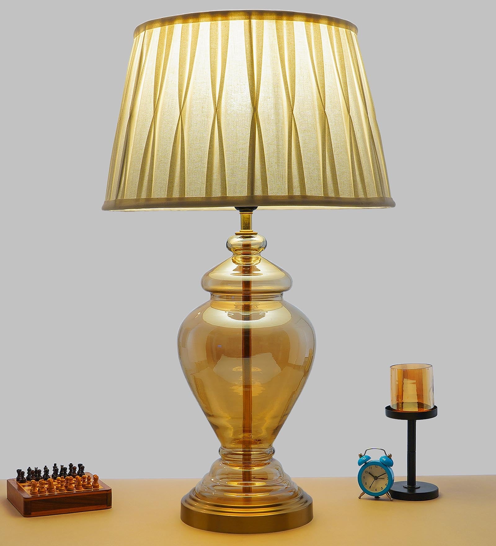 Corner White Cotton Fabric Shade Night Lamp With Metal & Glass Base