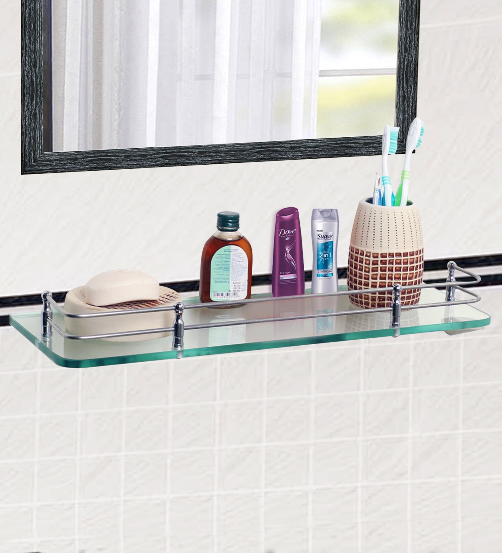 Glass Bathroom Shelf In Transparent (L: 18, W: 5, H: 0.8 Inches)