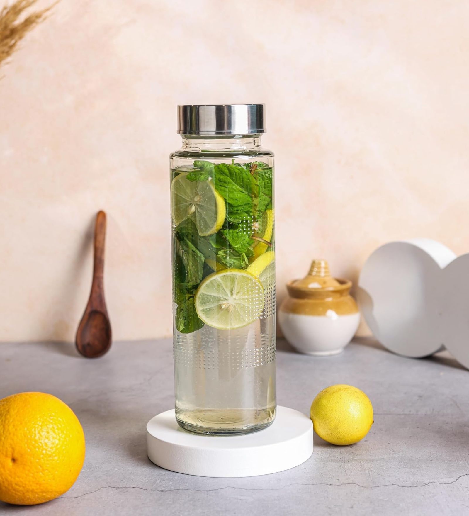 Glass Water Bottle 500ml Set of 2 Stainless Steel Airtight Leak-Proof Lid