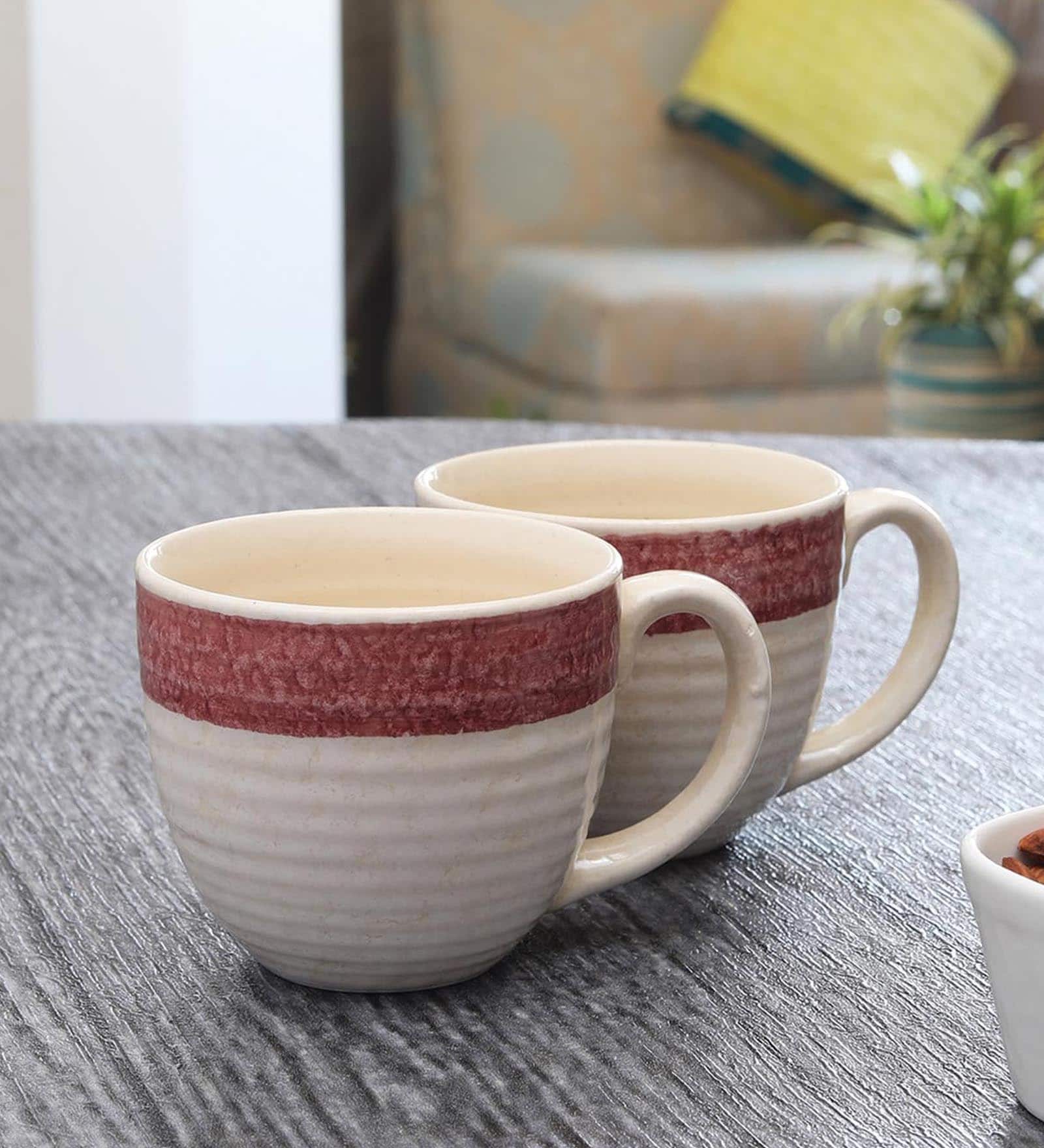 Glazed Pottery 300ml Off White & Red Ceramic (Set of 2) Tea Cup