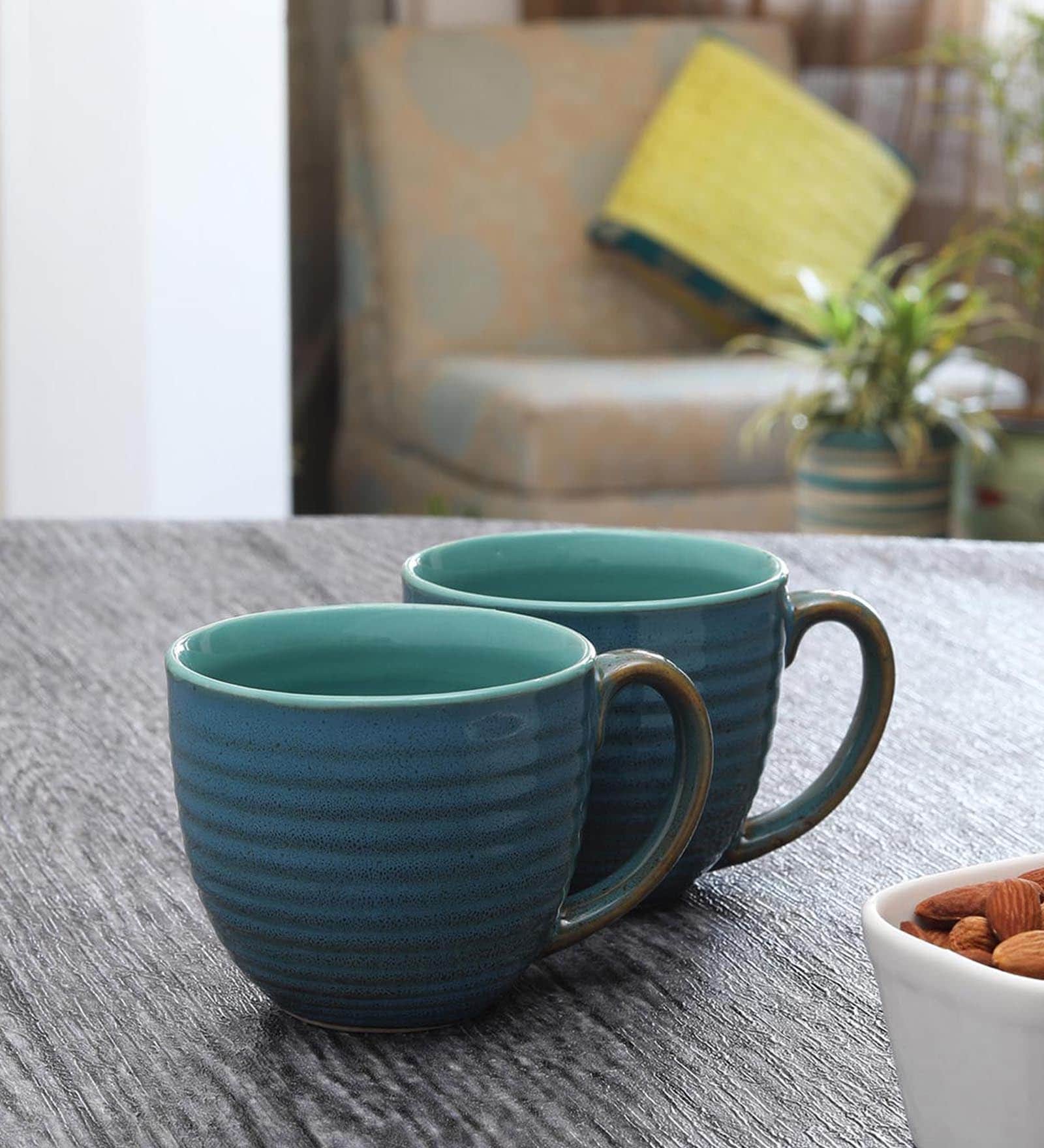 Glazed Pottery Stripe 300ml Green Ceramic (Set of 2) Tea Cup