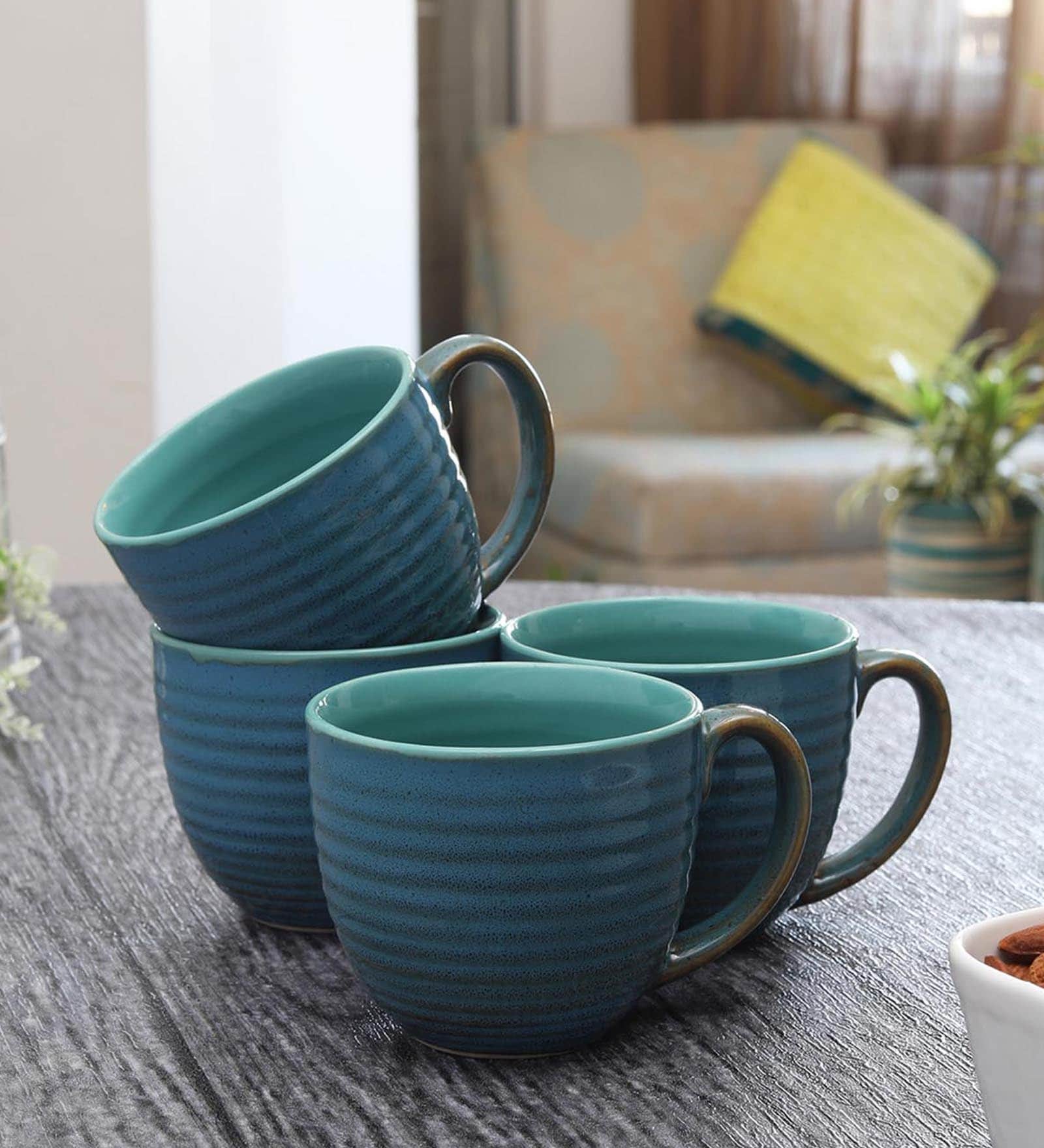 Glazed Pottery 300ml Green Ceramic (Set of 4) Tea Cup