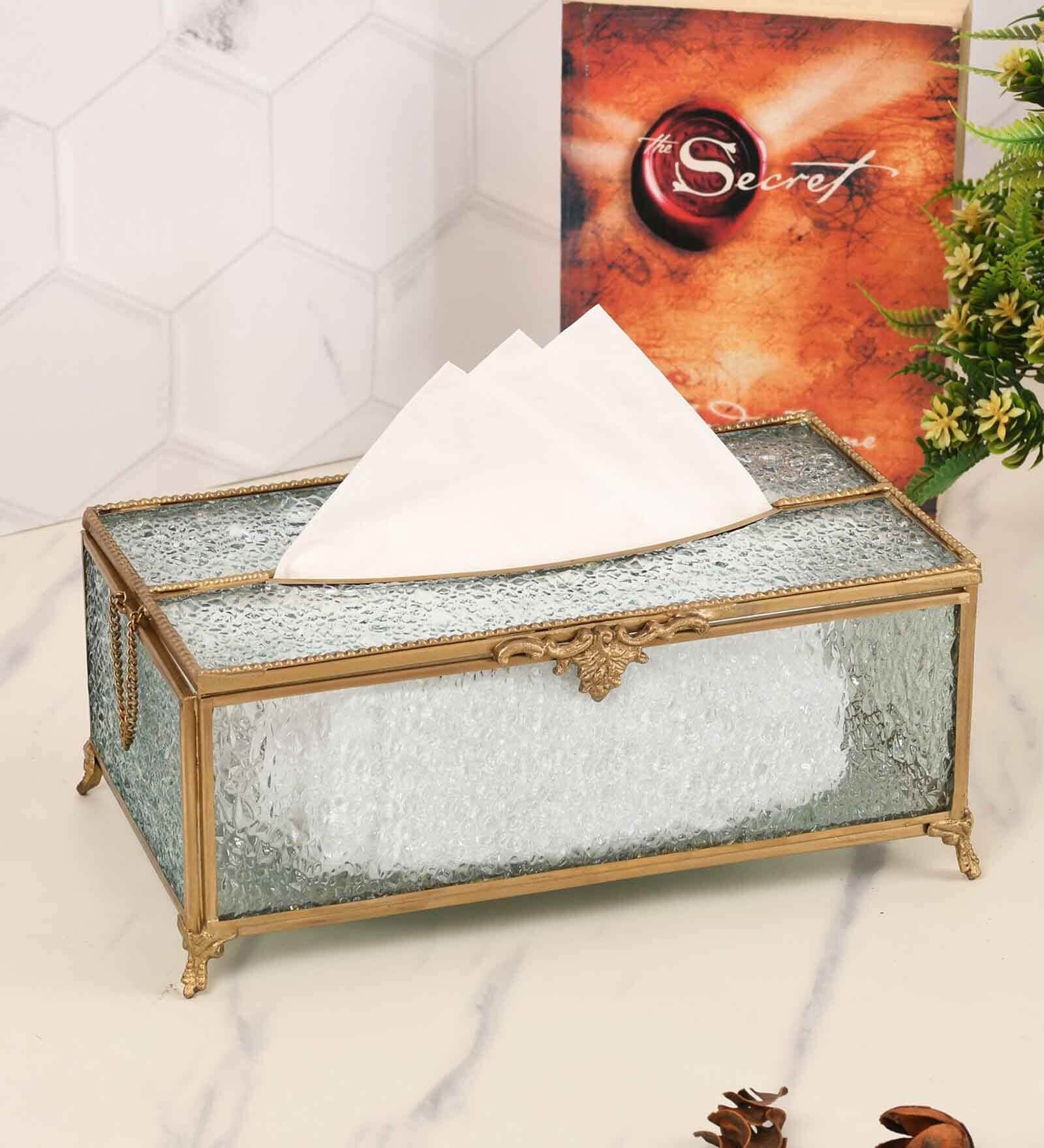 Gleaming Crackle Glass Antique Brass Tissue Holder
