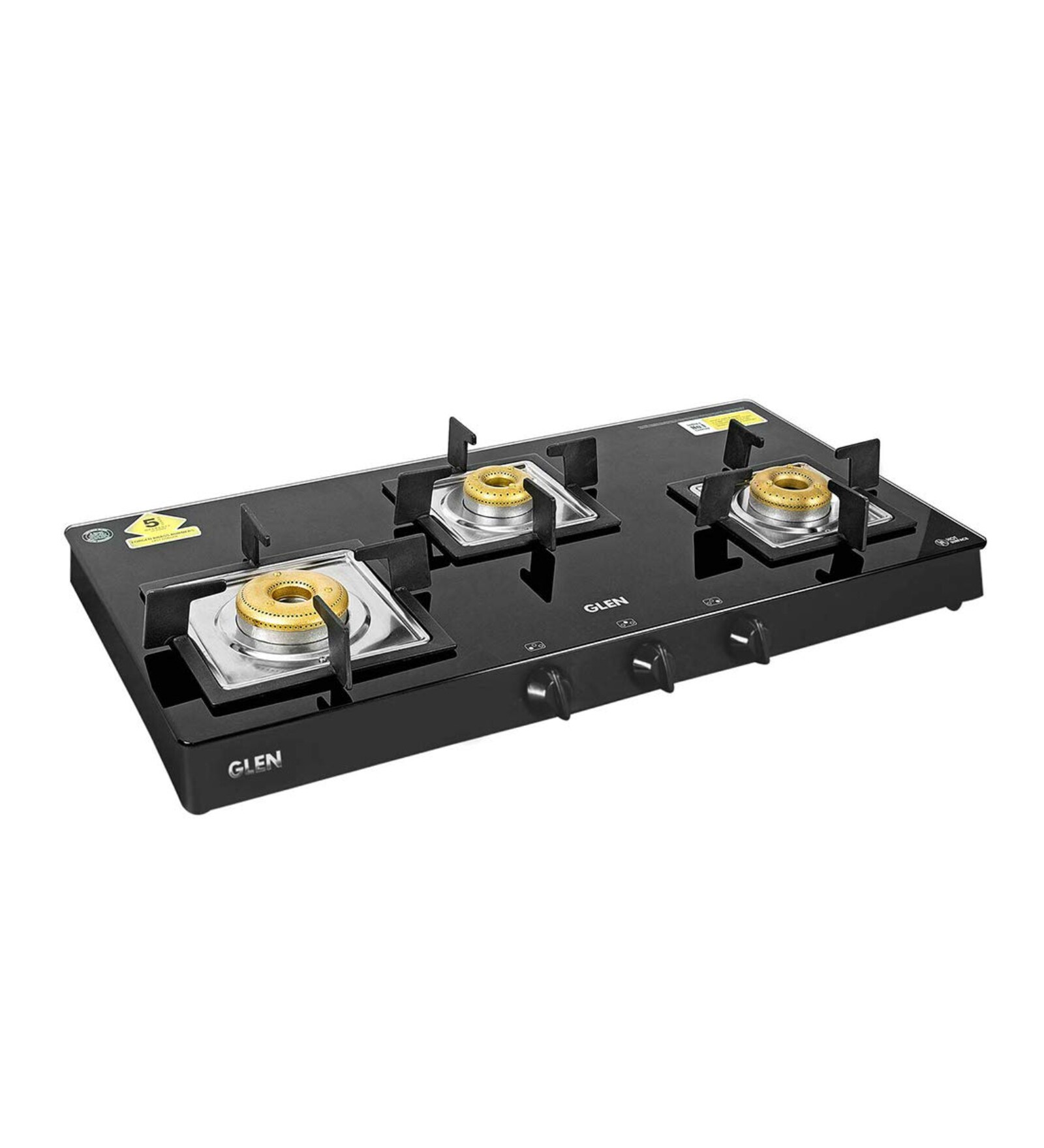 Glen 3 Burner Glass Black Cooktop 1038 SQ BL with Forged Brass Burners
