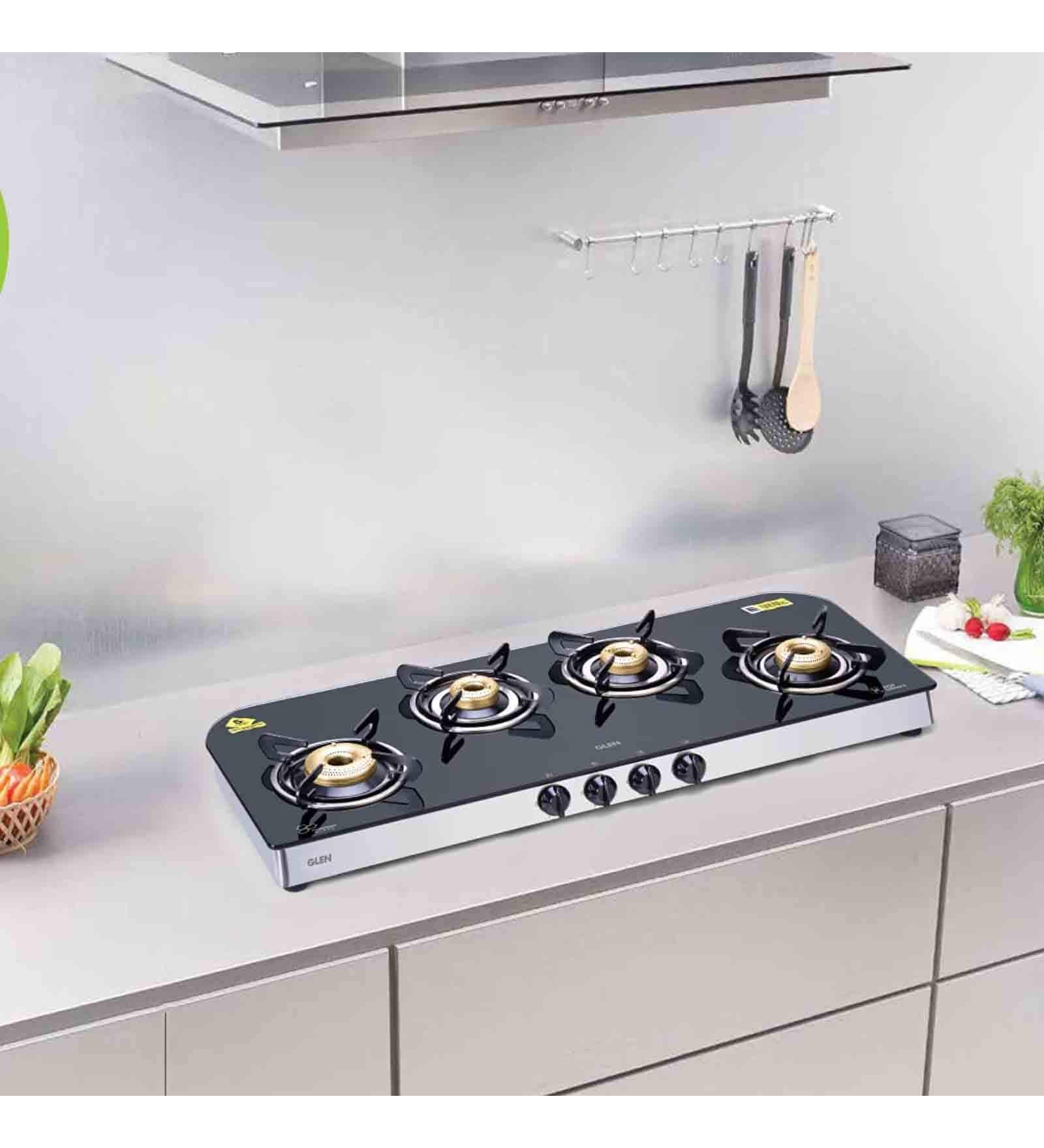 Glen 4 Burner Glass Gas Stove 1049 GT with Forged BB and Matt SS drip tray