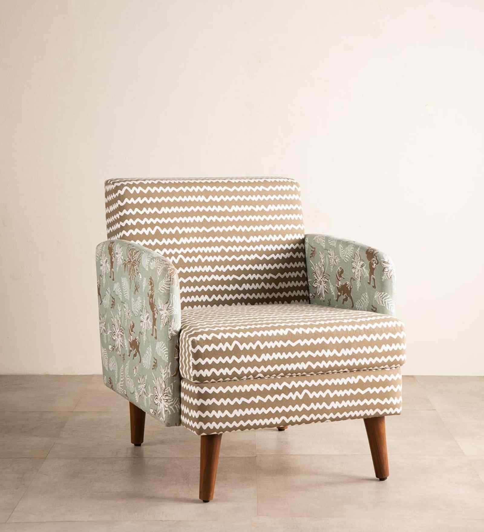 Glider Teak Wood Arm Chair in Geometric Printed Fabric