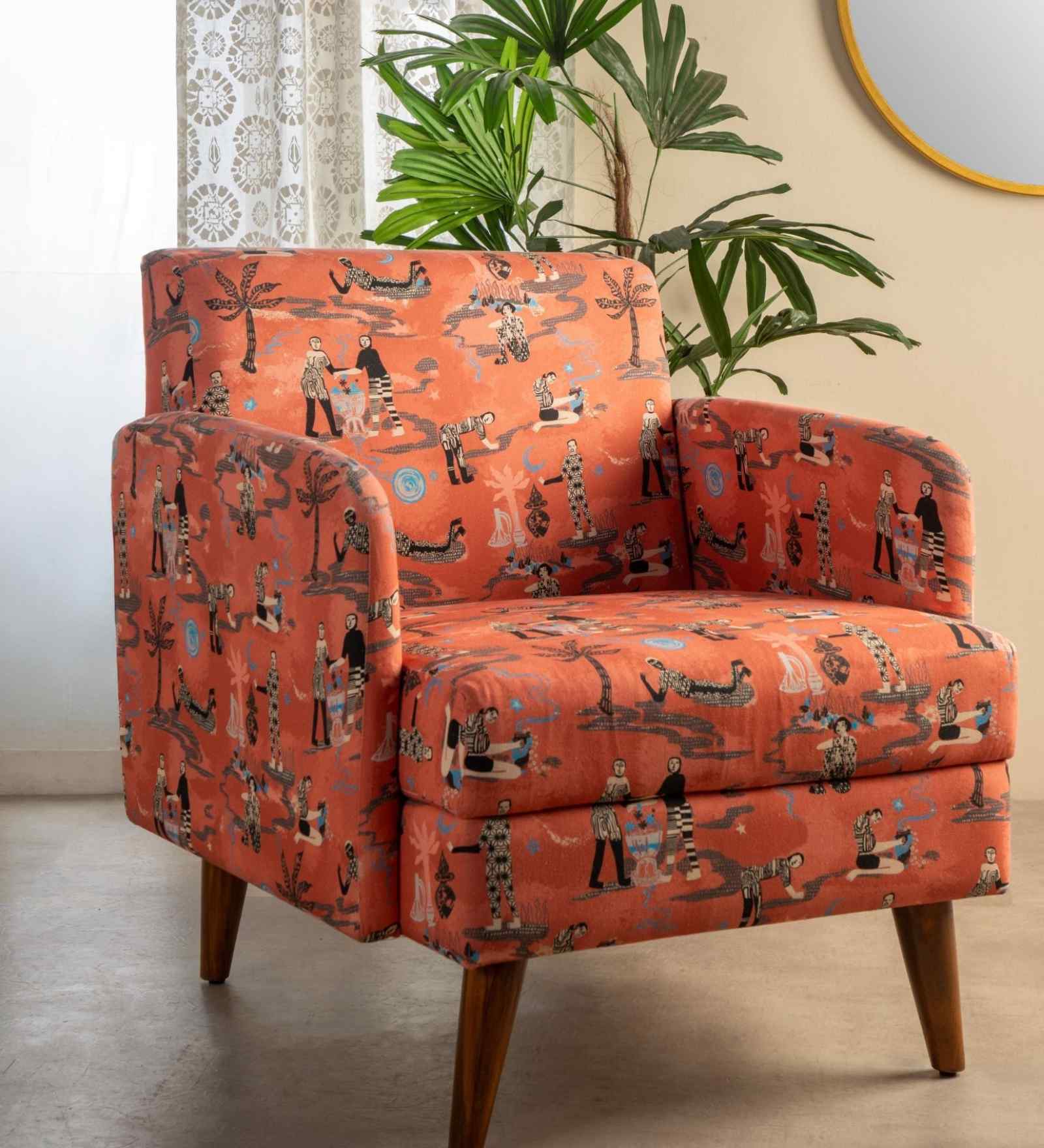 Glider Teak Wood Arm Chair in Red Floral Printed Fabric