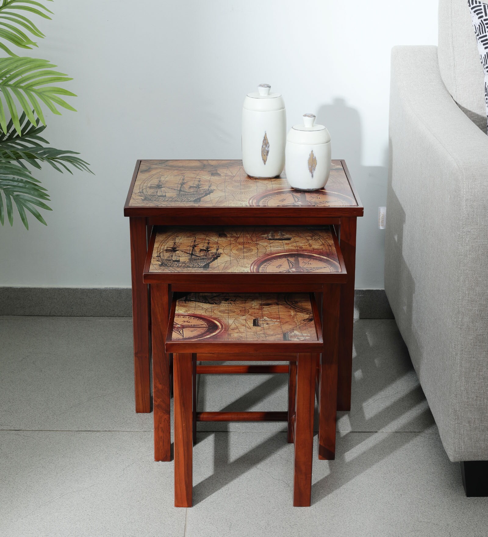 Global Print Solid Wood Nesting Table in Brown Colour