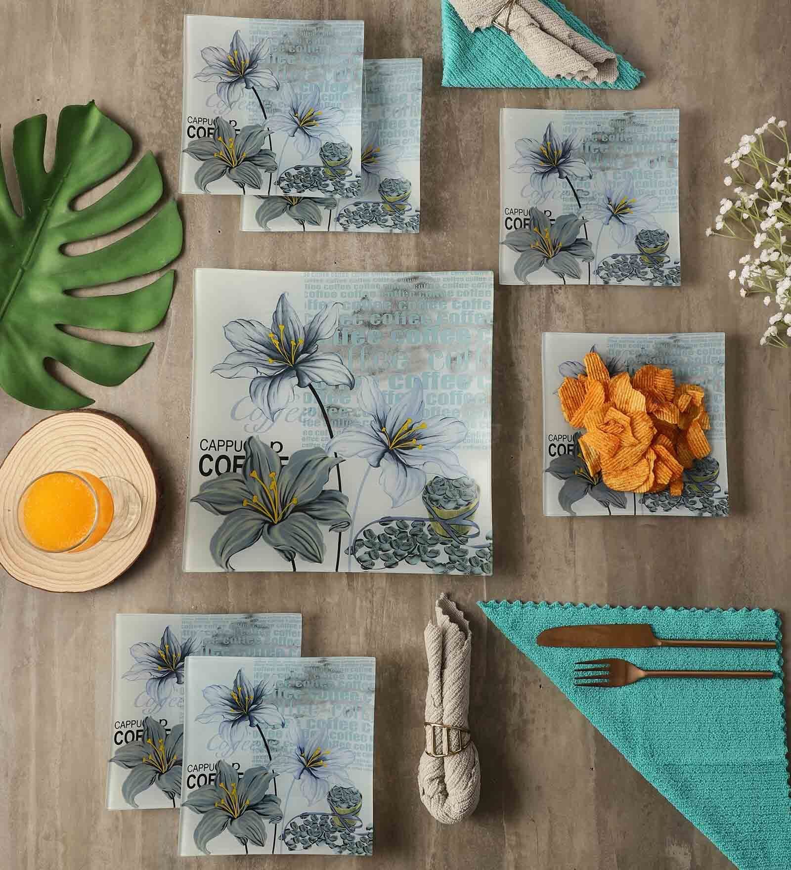 Glossy 7 Pcs White & Blue Glass Dinnerware Set