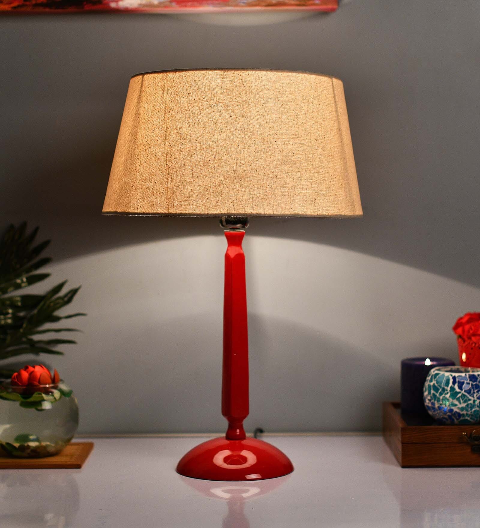 Glossy Red Cubist Aluminium Table Lamp With Blue Cone Shade, Bedside, Living Room Study Lamp, Bulb Included