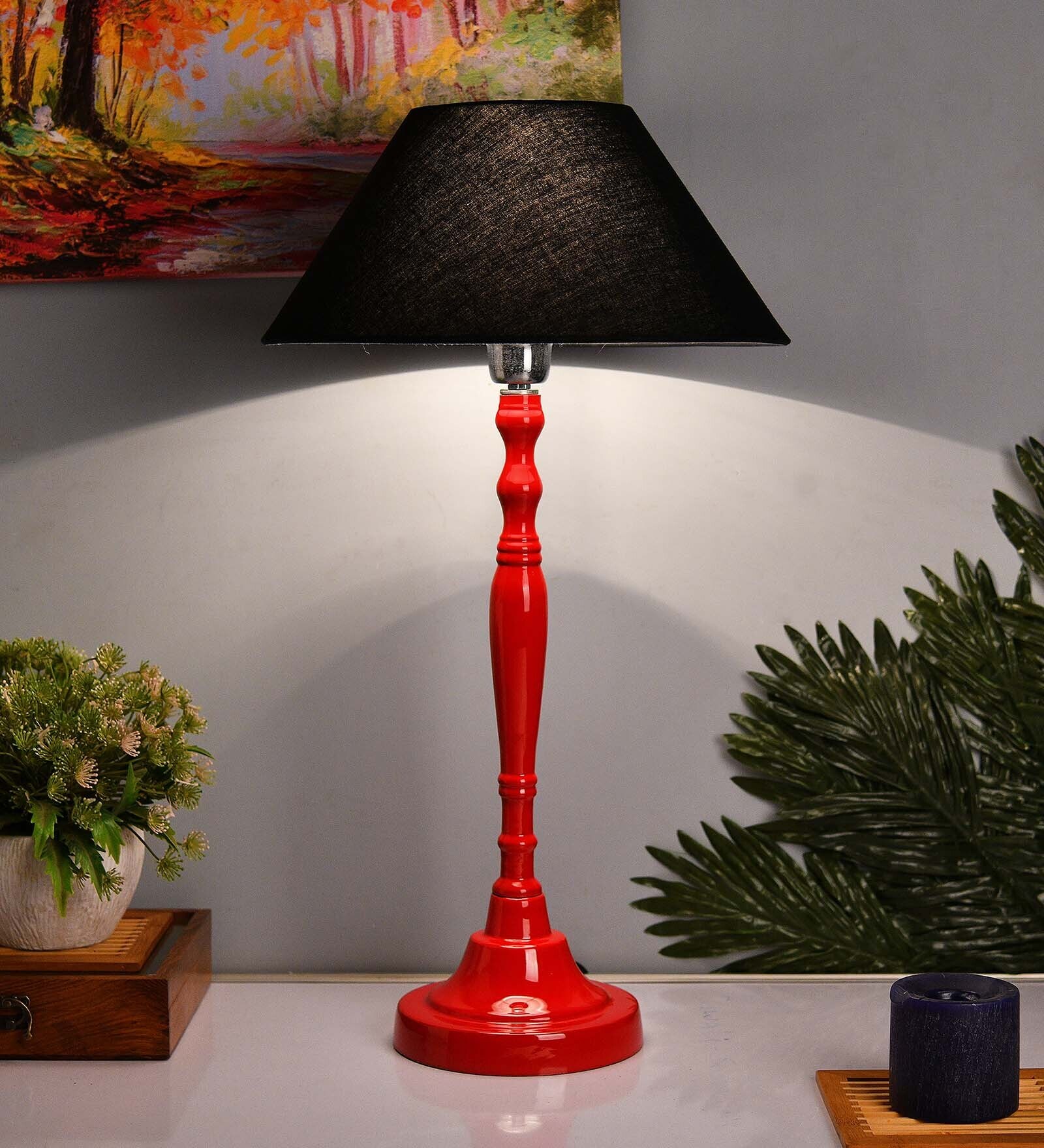 Glossy Red Imperial Aluminium Table Lamp With Red Drum Shade, Bedside, Living Room Study Lamp, Bulb Included