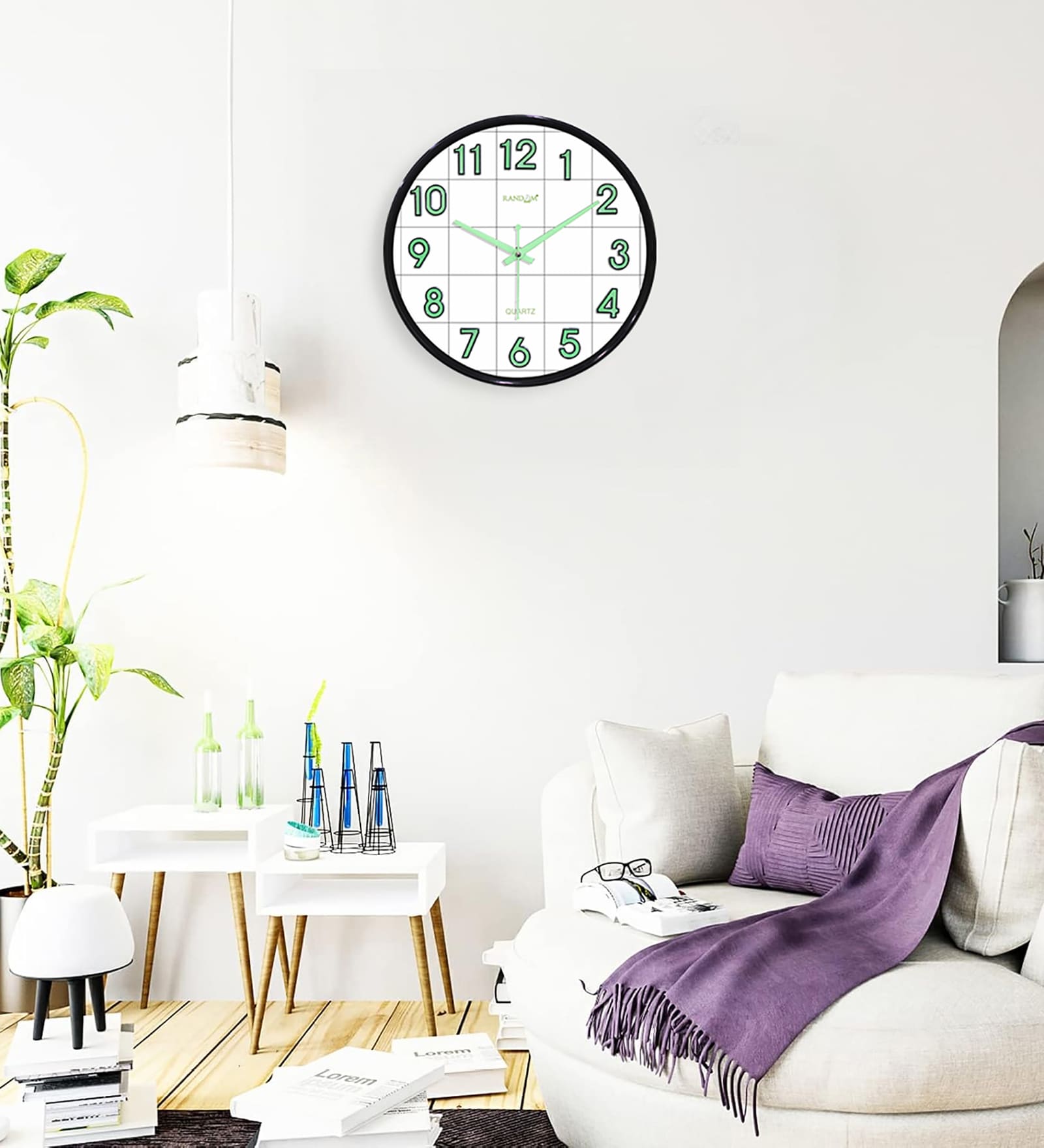 White & Black Glow-In-The-Dark Wall Clock With Green Luminous Numbers (33 Cm)
