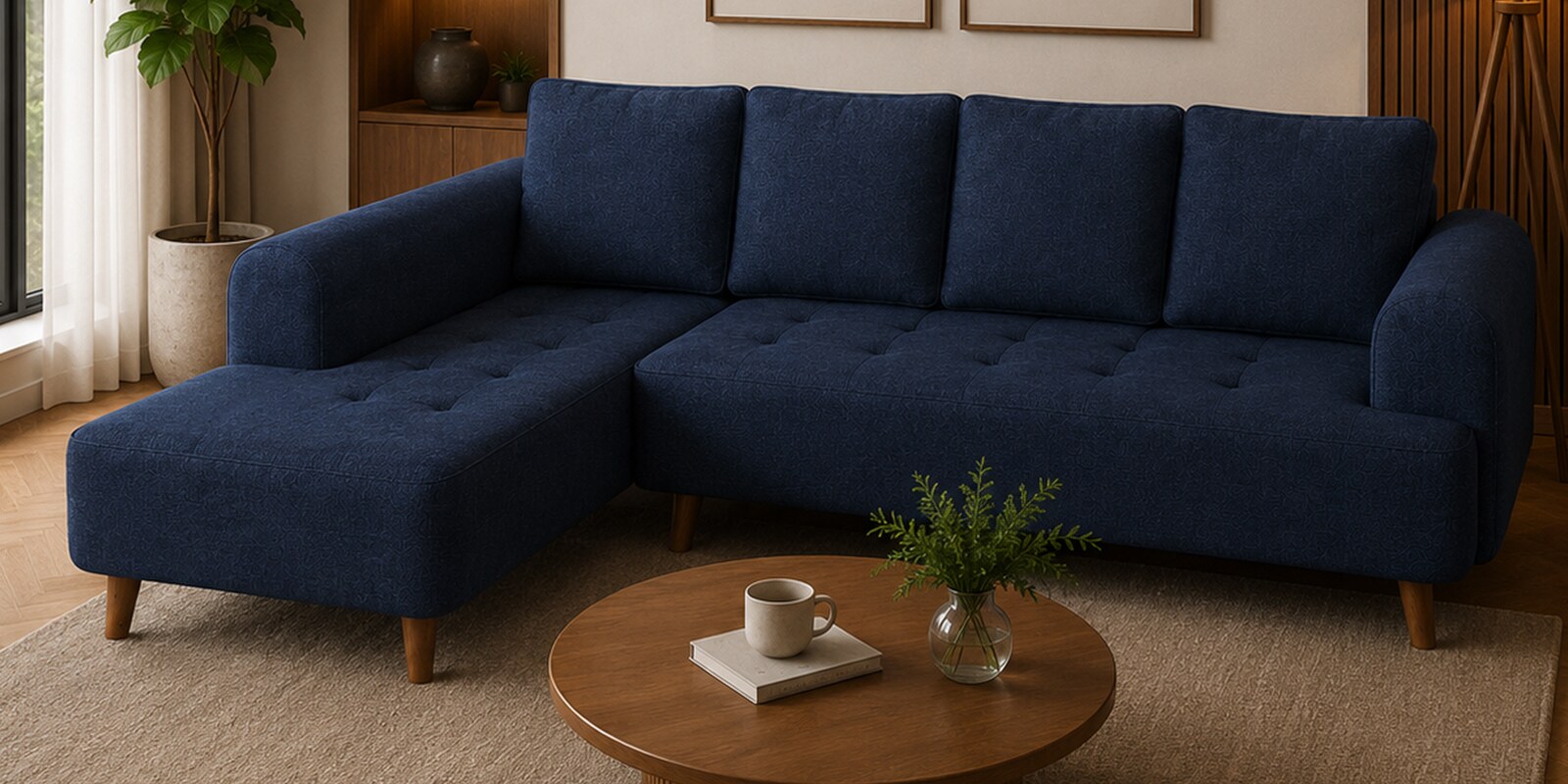 Gladiator Boucle Fabric LHS 6 Seater Sectional Sofa In Ink Blue Colour Gladiator Boucle Fabric LHS 6 Seater Sectional Sofa In Ink Blue Colour