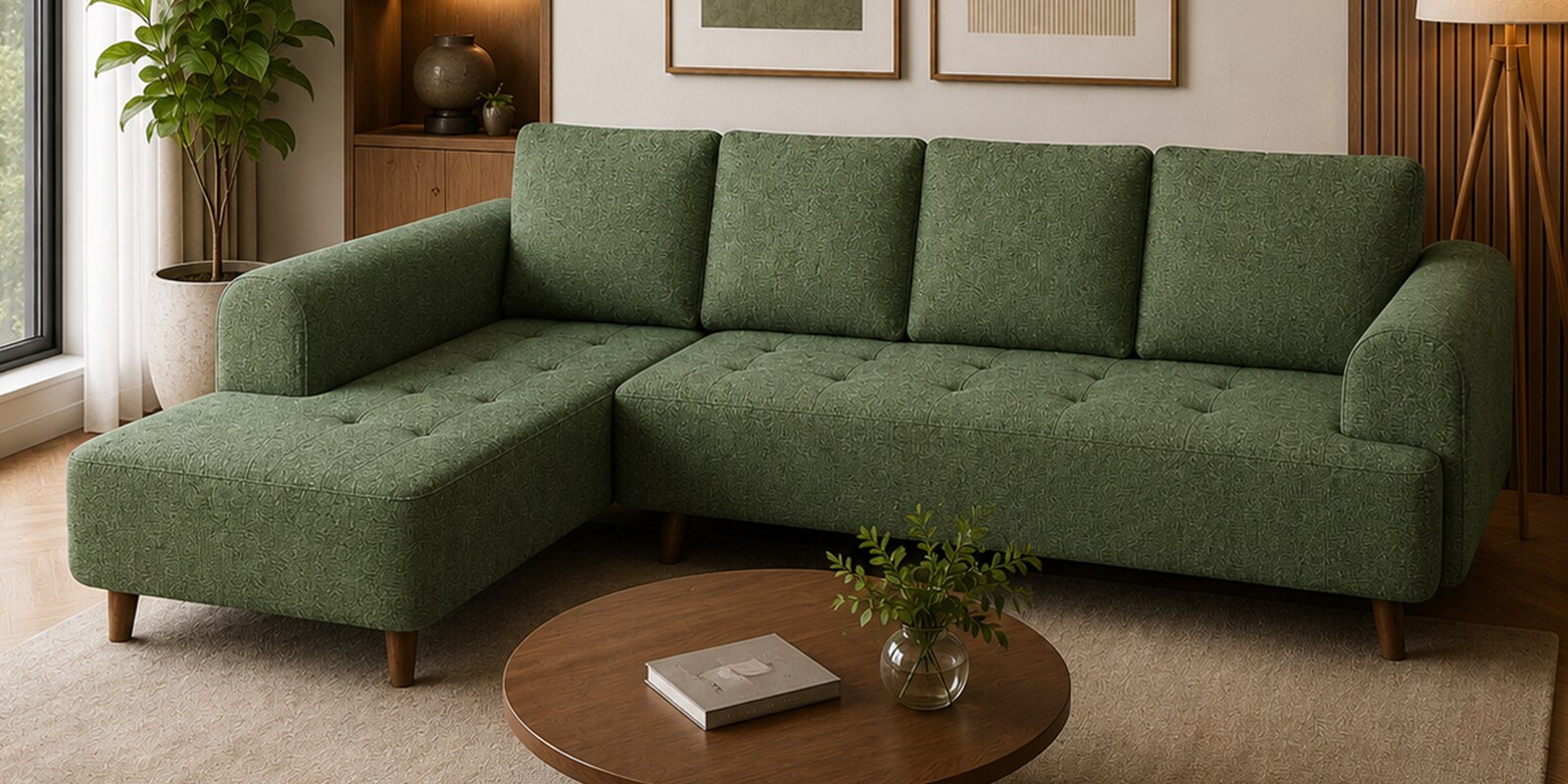 Gladiator Boucle Fabric LHS 6 Seater Sectional Sofa In Sage Brush Colour Gladiator Boucle Fabric LHS 6 Seater Sectional Sofa In Sage Brush Colour
