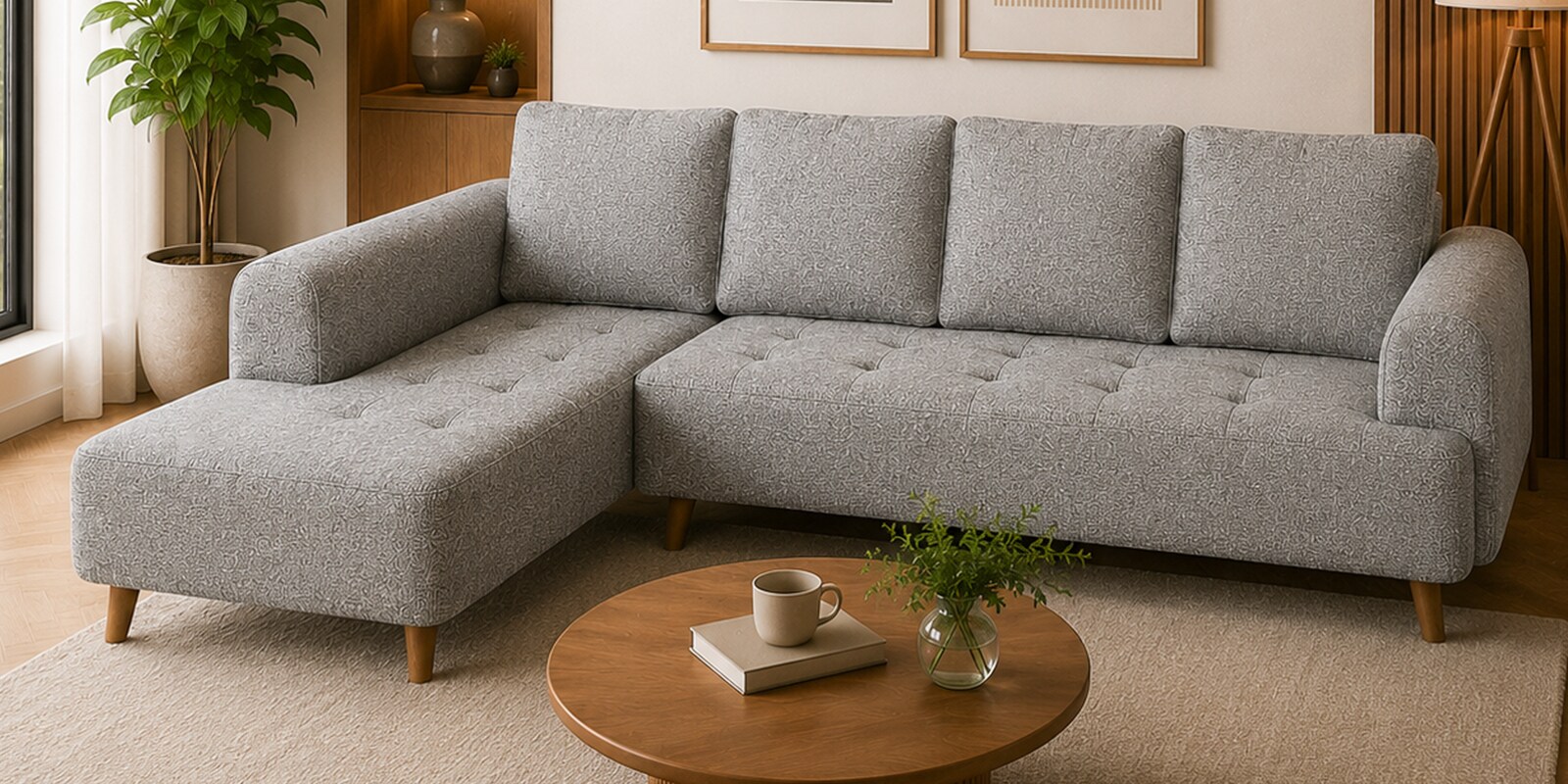 Gladiator Boucle Fabric LHS 6 Seater Sectional Sofa In Silver fluff Colour Gladiator Boucle Fabric LHS 6 Seater Sectional Sofa In Silver fluff Colour