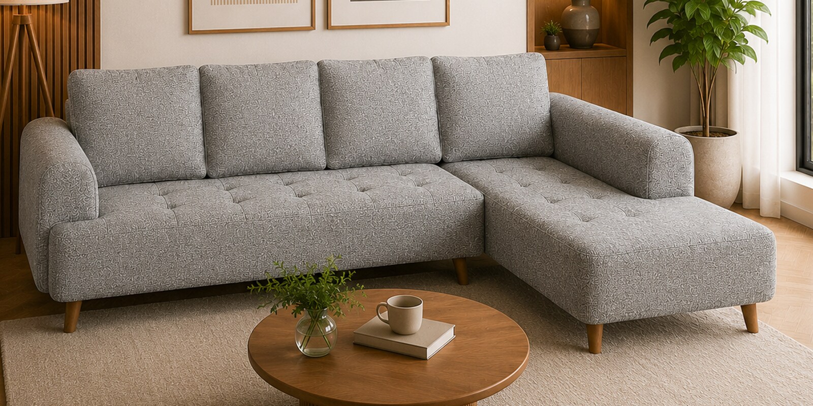 Gladiator Boucle Fabric LHS 6 Seater Sectional Sofa In Silver fluff Colour Gladiator Boucle Fabric LHS 6 Seater Sectional Sofa In Silver fluff Colour