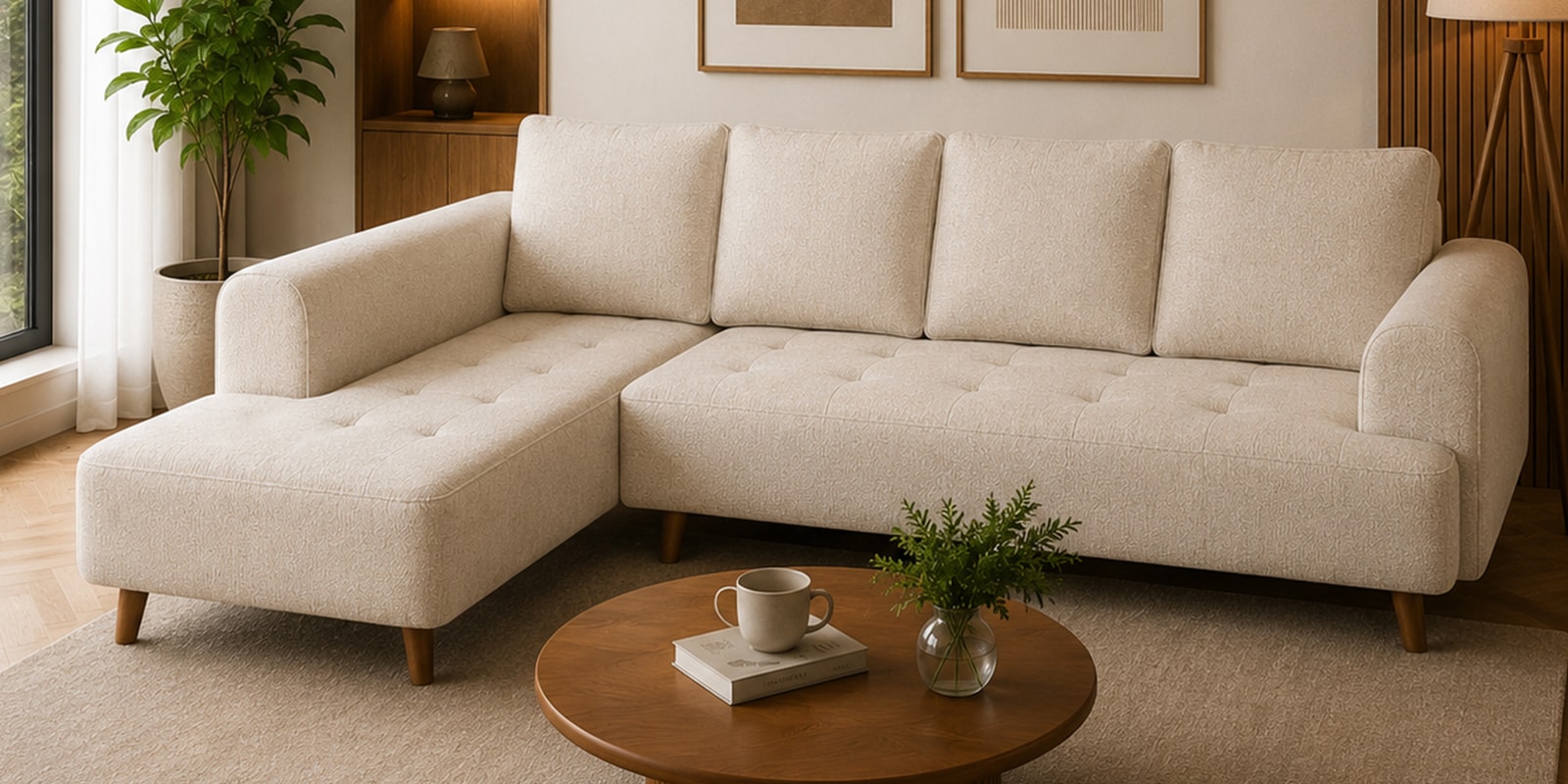 Gladiator Fabric LHS 6 Seater Sectional Sofa In Oat Cream Colour Gladiator Fabric LHS 6 Seater Sectional Sofa In Oat Cream Colour