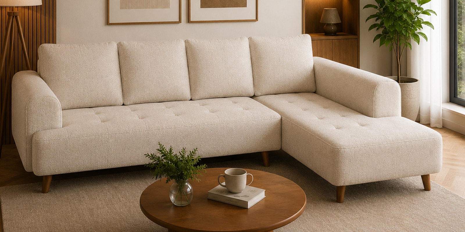 Gladiator Fabric RHS 6 Seater Sectional Sofa In Oat Cream Colour Gladiator Fabric RHS 6 Seater Sectional Sofa In Oat Cream Colour