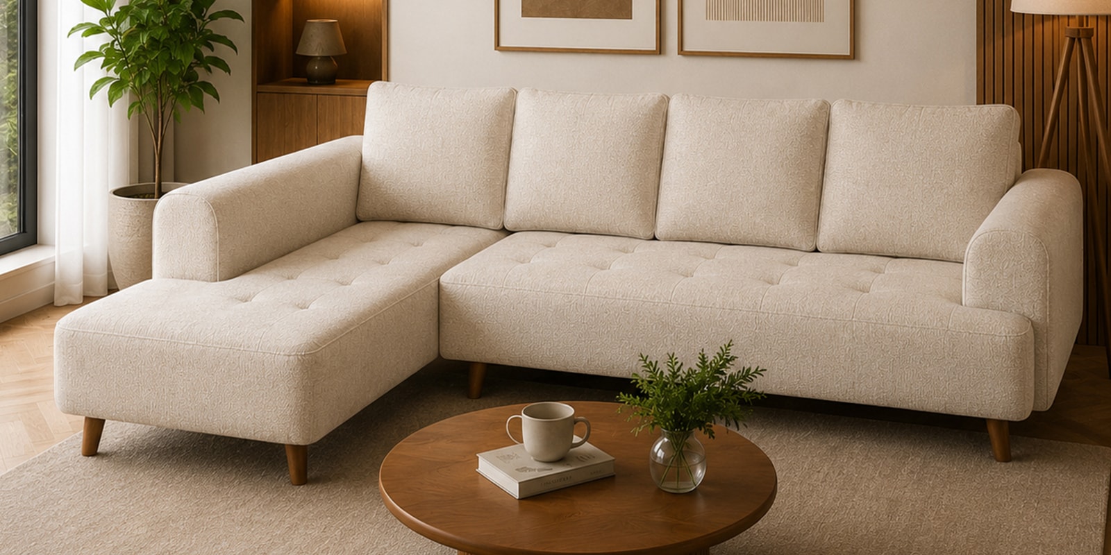 Gladiator Fabric RHS 6 Seater Sectional Sofa In Oat Cream Colour Gladiator Fabric RHS 6 Seater Sectional Sofa In Oat Cream Colour