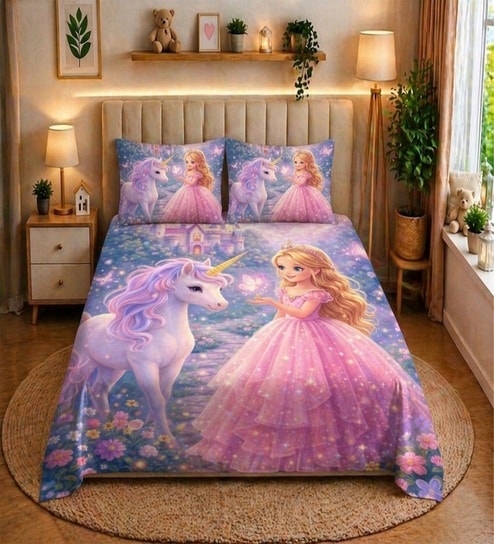 Pink 7D Digital Printed Girl Queen Size Bedsheet Sheet with 2 Matching Pillow Covers