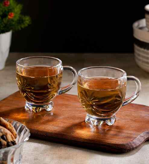 Glass Floral Designed Set 6 Tea Cups
