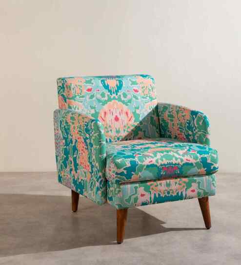 Glider Teak Wood Arm Chair in Green color Printed Fabric