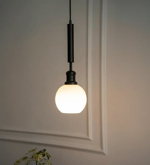 Globe Hanging Pendant Light Black Polished with Frosted Milky White Glass
