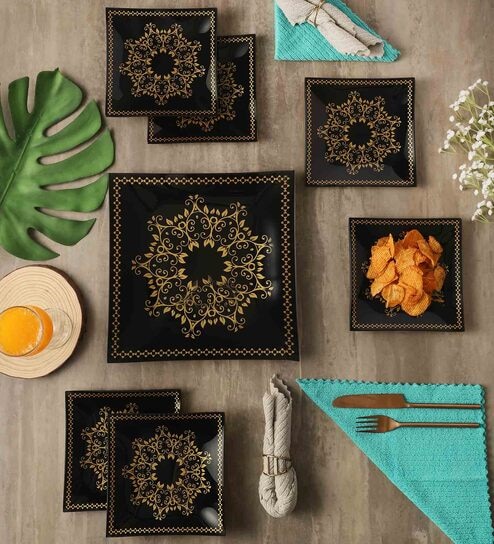 Glossy 7 Pcs Black & Gold Glass Dinnerware Set