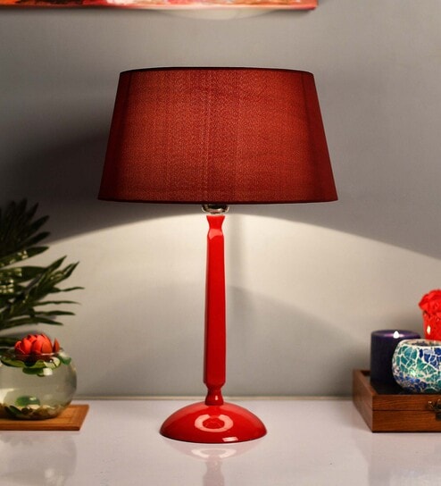 Glossy Red Cubist Aluminium Table Lamp With White Drum Shade, Bedside, Living Room Study Lamp, Bulb Included