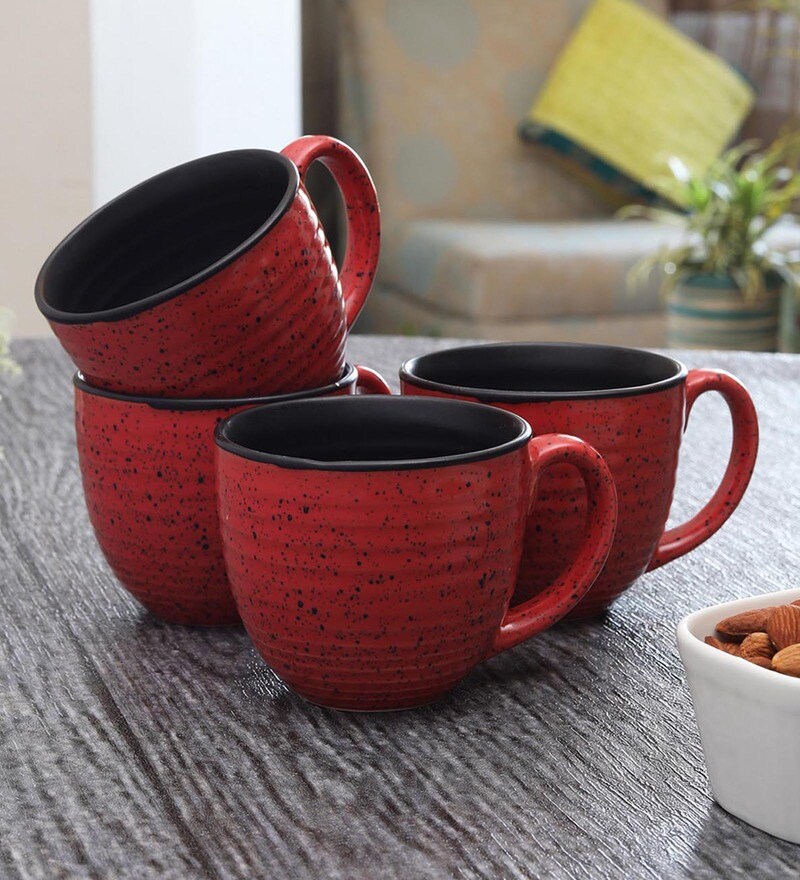 Buy Glazed Pottery 300ml (Set of 4) Red Ceramic Tea Cup by MIAH Decor
