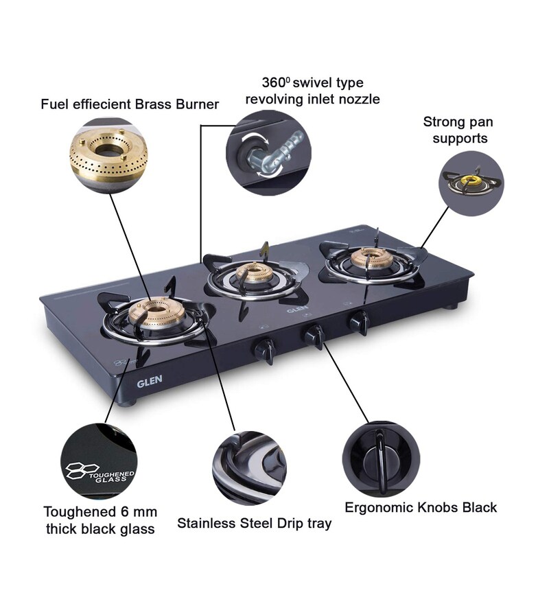Buy Glen 1033 GT XL 3 Burner Glass Gas Stove with Brass Burner in Black Colour Online Gas