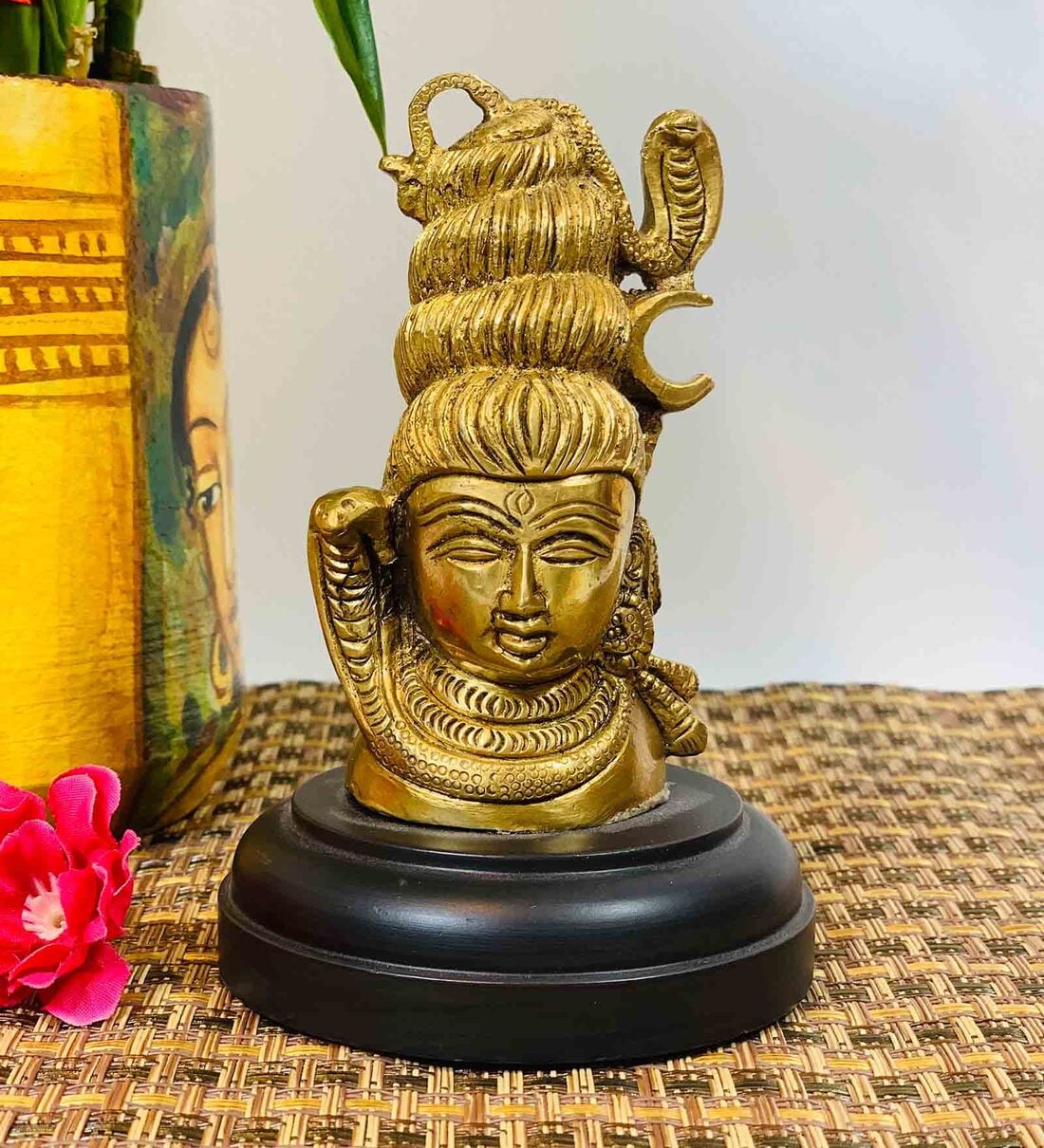 Buy Gold Brass Brass Engraved Shiva Head With Wooden Base Idol by ...