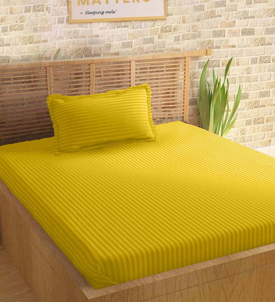 Buy Gold Striped 210 TC 100 Cotton Single Bed Sized Bed Sheets With 1
