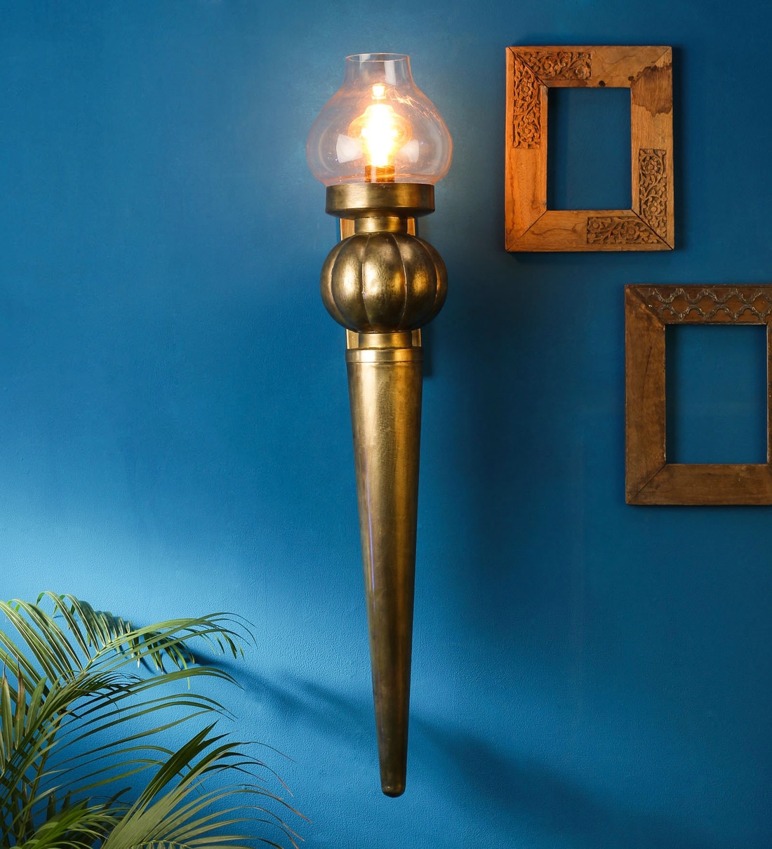 Buy Gold Iron Mashal With Glass Top Wall Light By Pooja Interiors