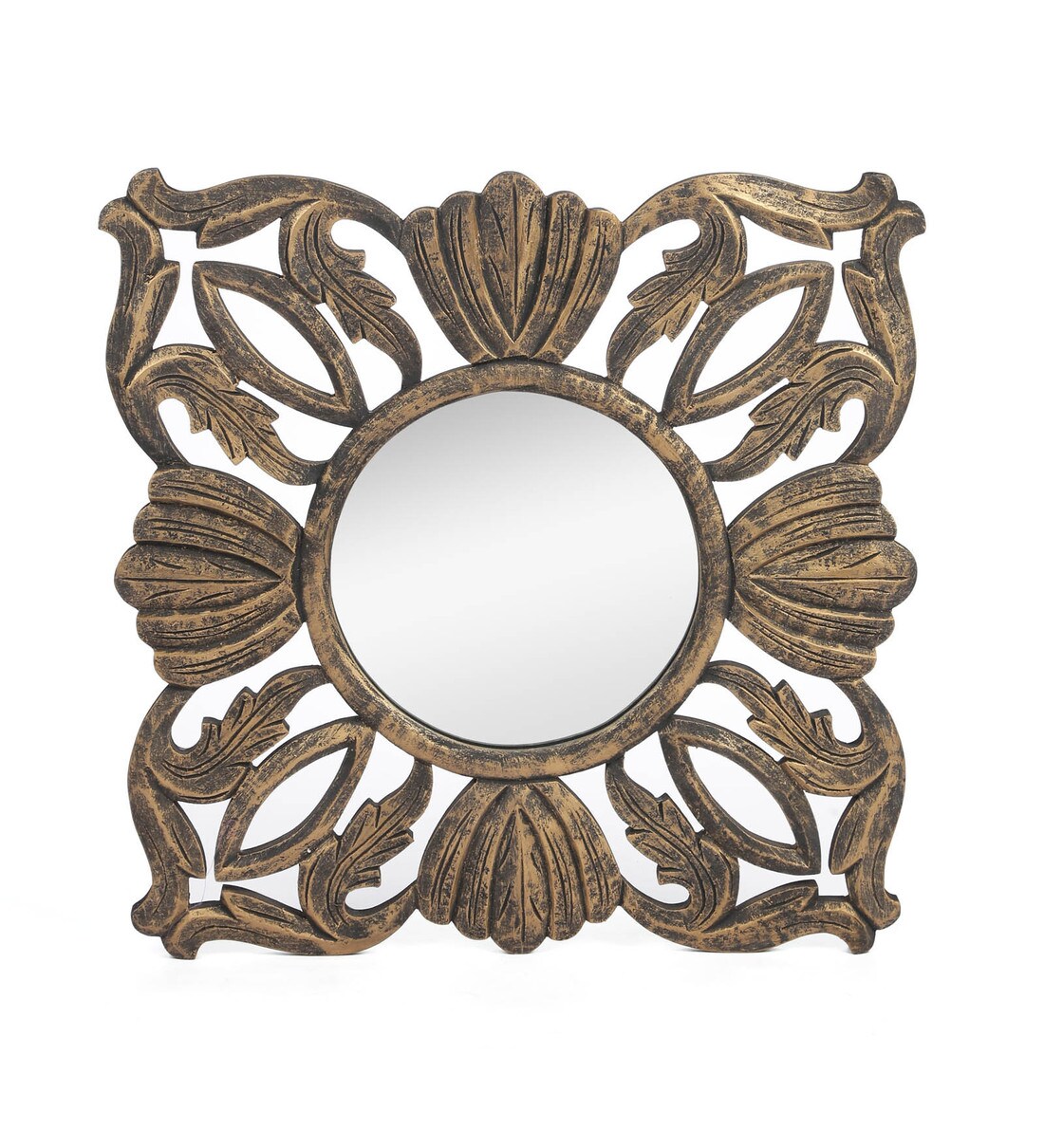 Buy Solid Wood Square Wall Mirror in Gold colour by The Urban Store Online Square Mirrors