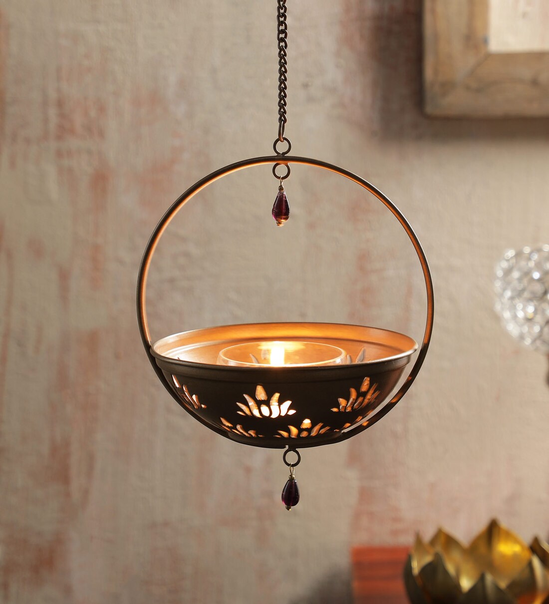 Buy Gold Metal Hanging Tea Light Holder By Dhatvi Online Hanging Tea Light Holder Festive Lights Lamps Lighting Pepperfry Product