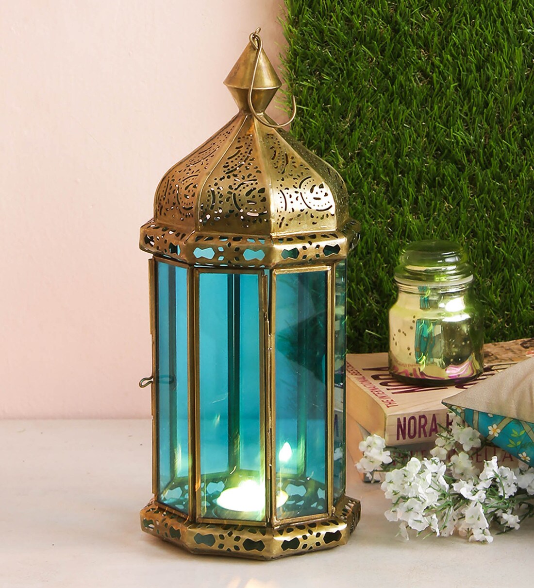 Buy Blue Glass Shade Table Lanterns with Gold Base by India Circus by