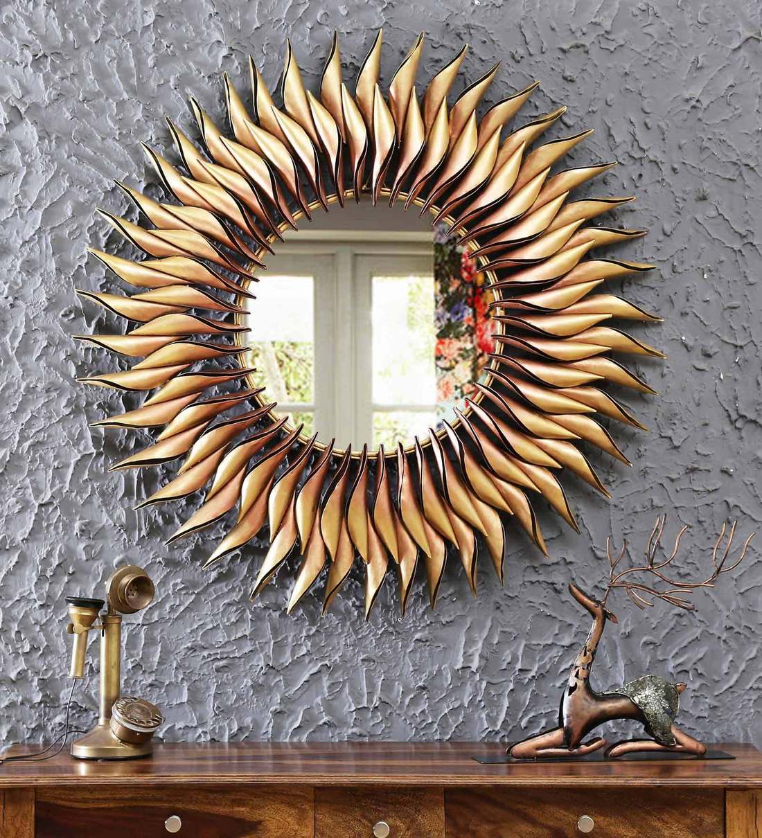 Buy Metal Round Wall Mirror in Yellow colour by Malik