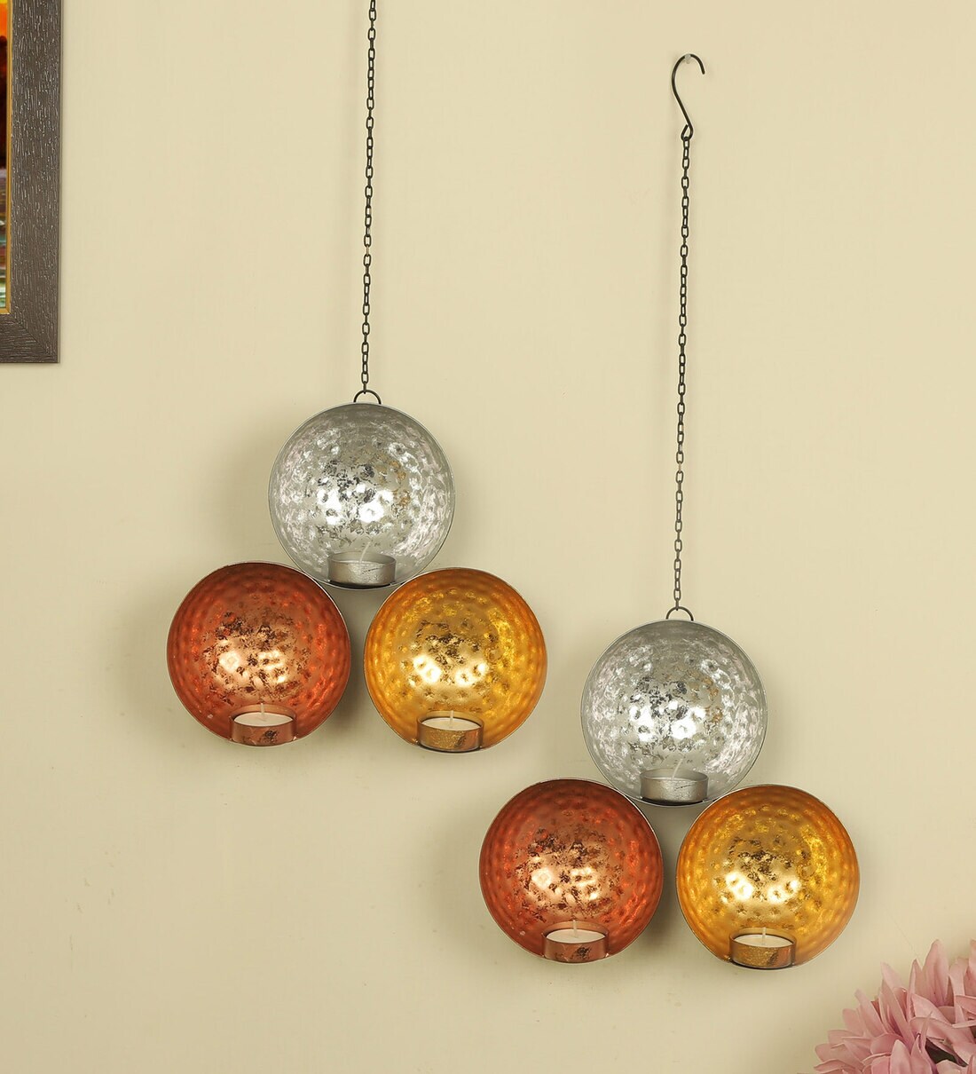 Buy Gold Metal Set Of 2 Wall Hanging Candle Holder By Tied Ribbons Online Hanging Tea Light