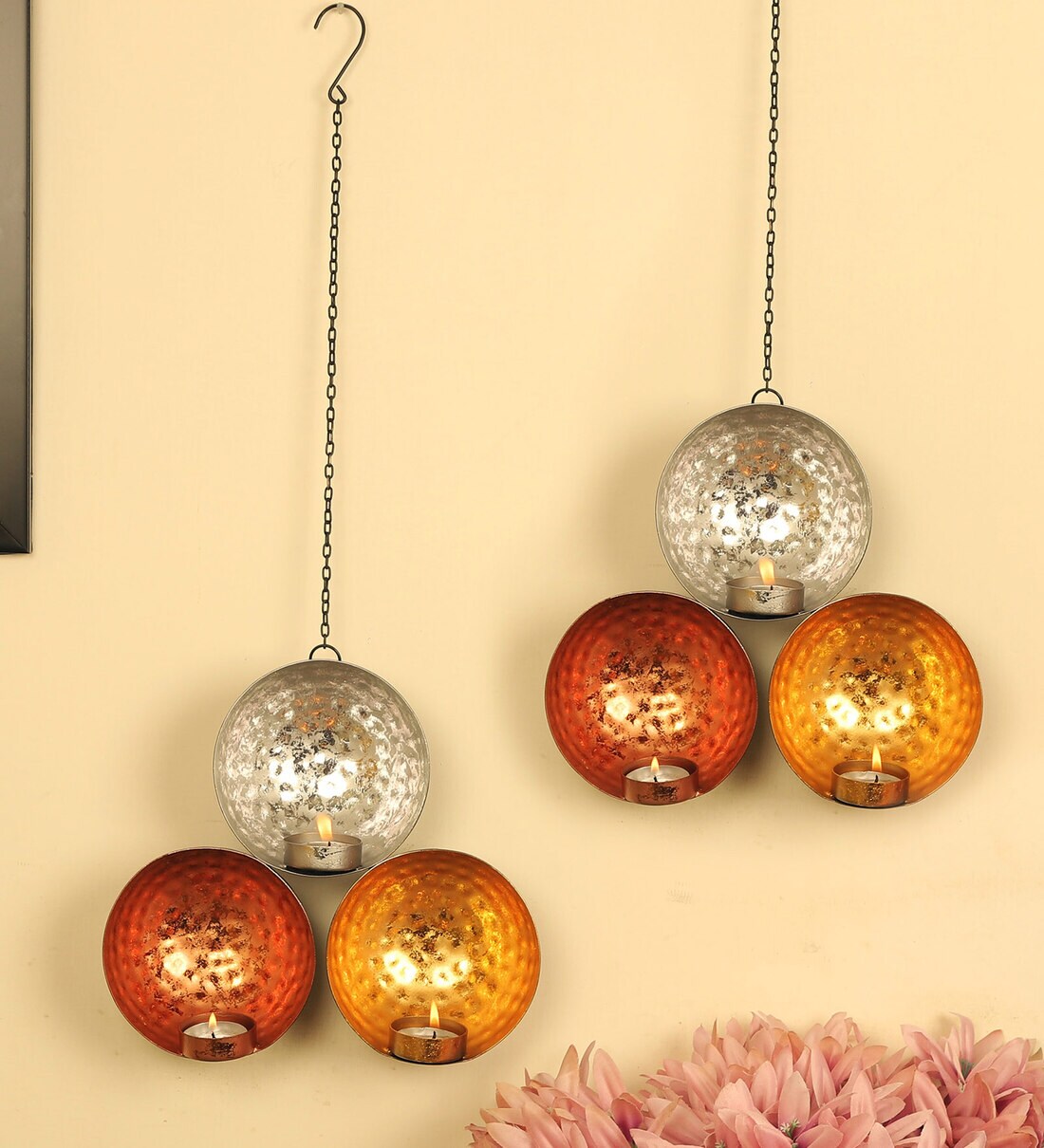 Buy Gold Metal Set Of 2 Wall Hanging Candle Holder By Tied Ribbons