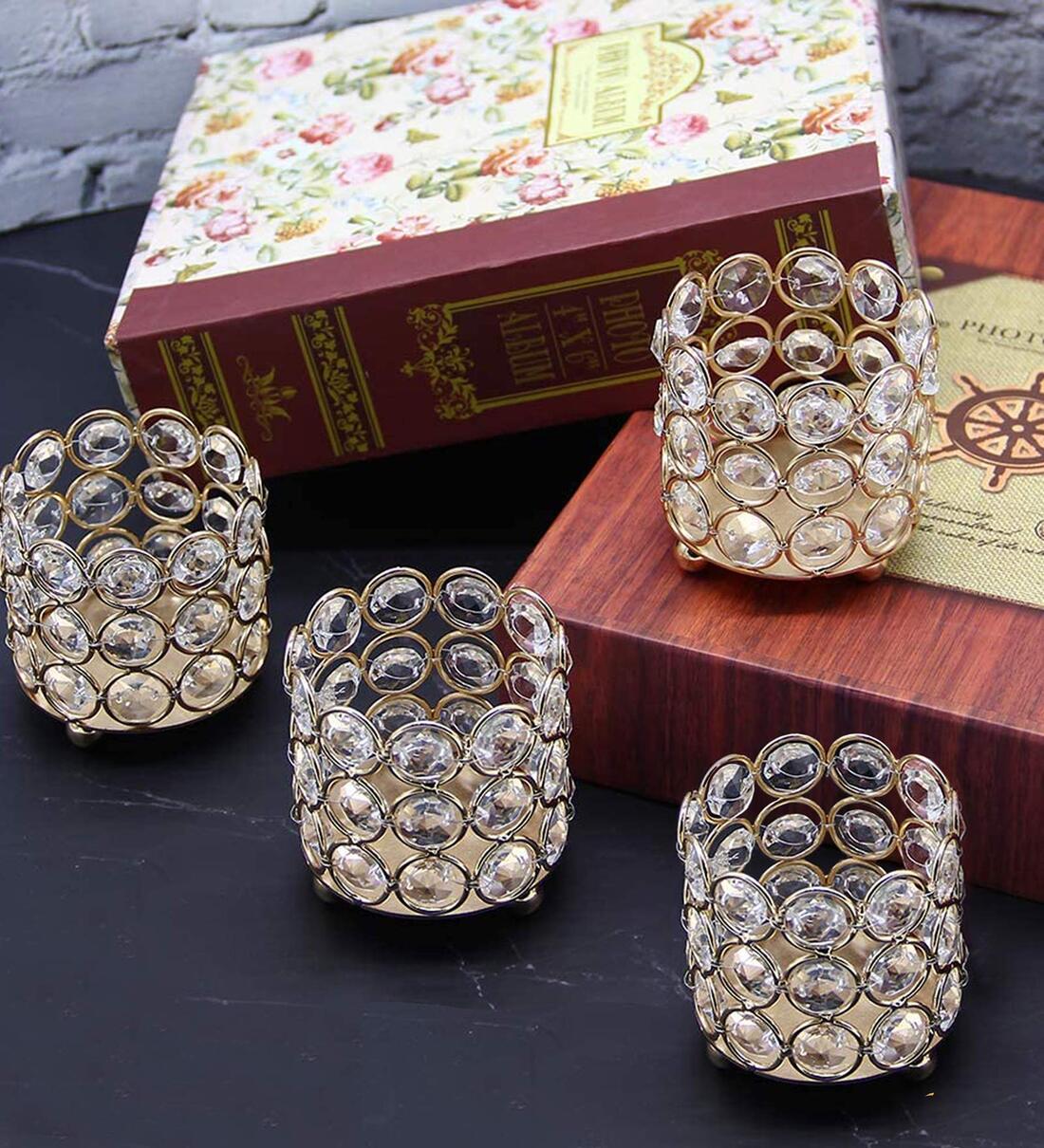 Buy Gold Metal Set Of 4 Crystal Tealight Candle Holders By Tied Ribbons