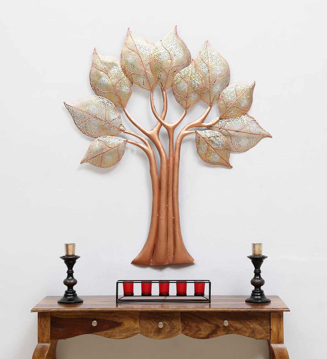 Buy Wrought Iron Decorative Tree Wall Art With LED In Gold By Malik