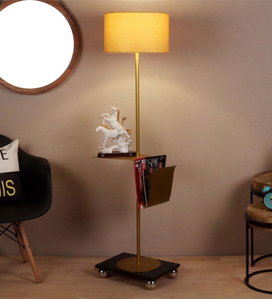 Buy GOLD Shade Floor Lamp With Wood & Metal Base By The Lighting Hub