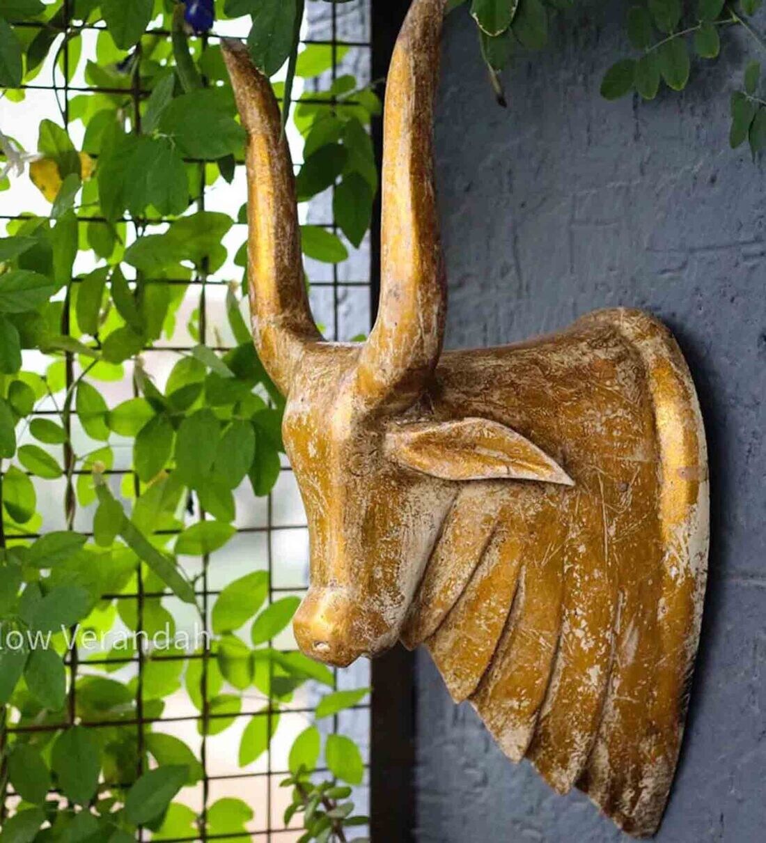 Buy Gold Solid Distressed Wood Nandi Head Wall Mask By Yellow Verandah