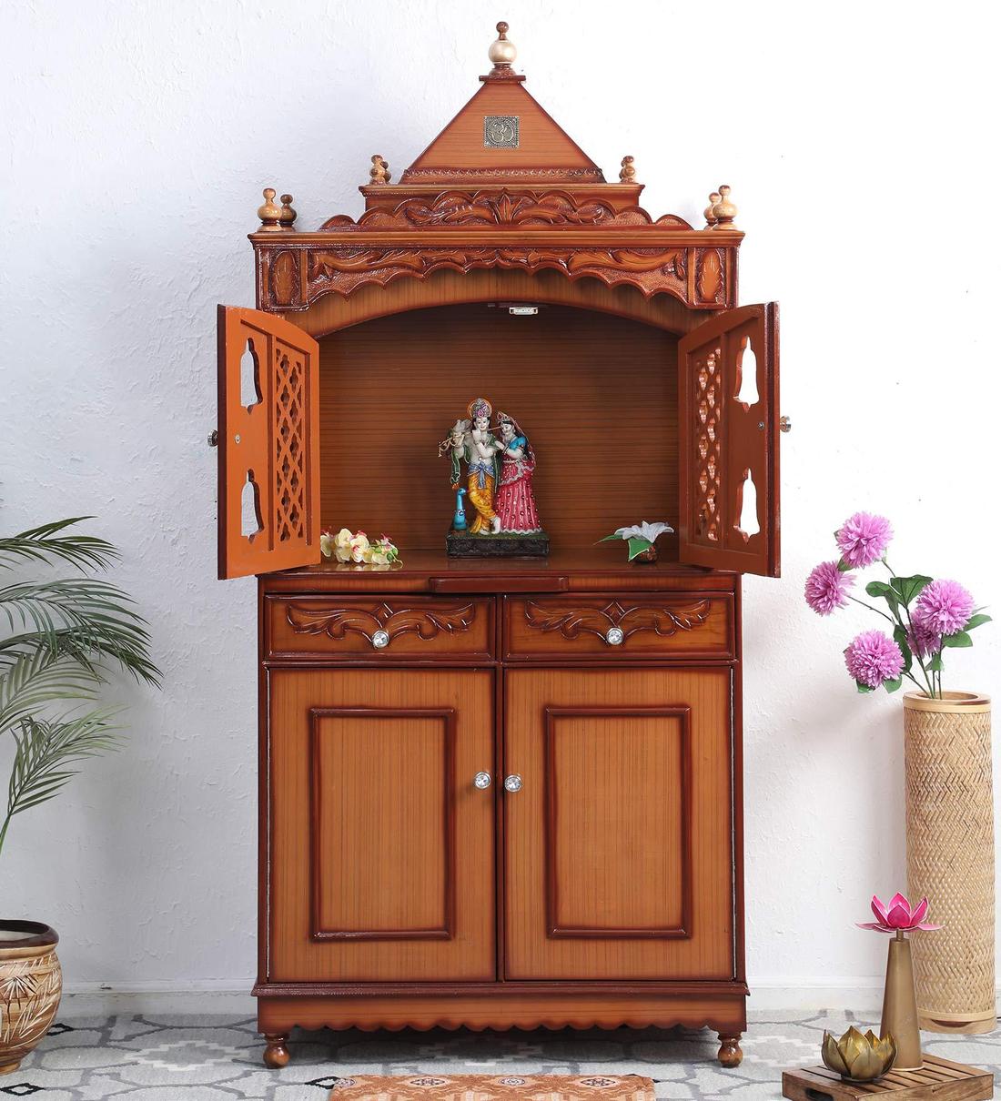 Buy Gold Teak Wood Floor Rested Mandir With Door at 40% OFF by DZYN ...