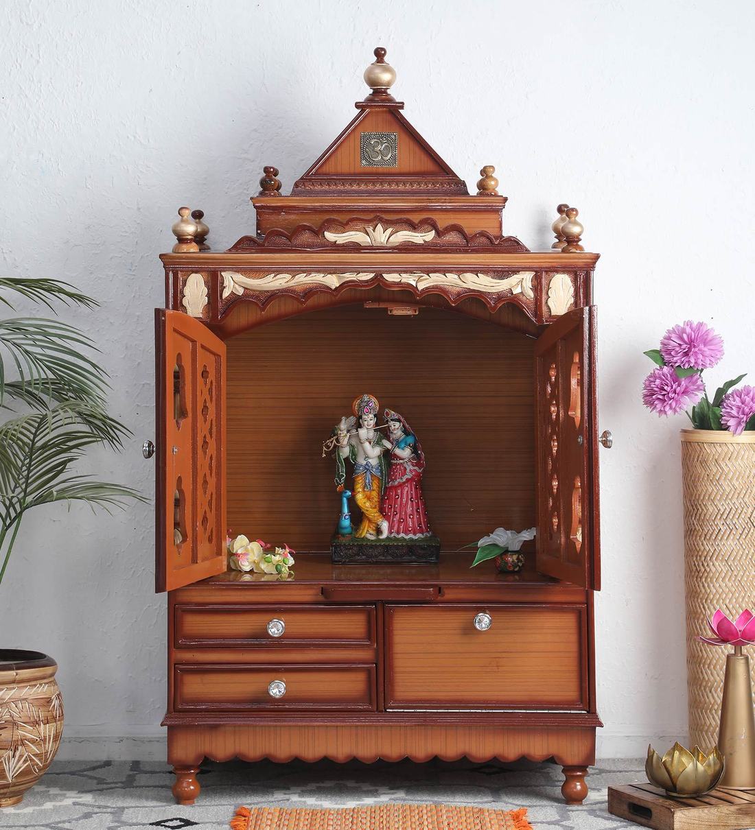 Buy Gold Teak Wood Floor Rested Mandir With Door at 17% OFF by DZYN ...