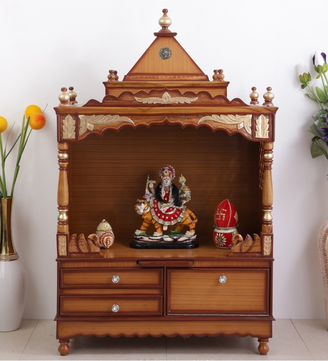 Buy Natural Finish Teak Wood Finish Floor Rested Mandir Without Door At 