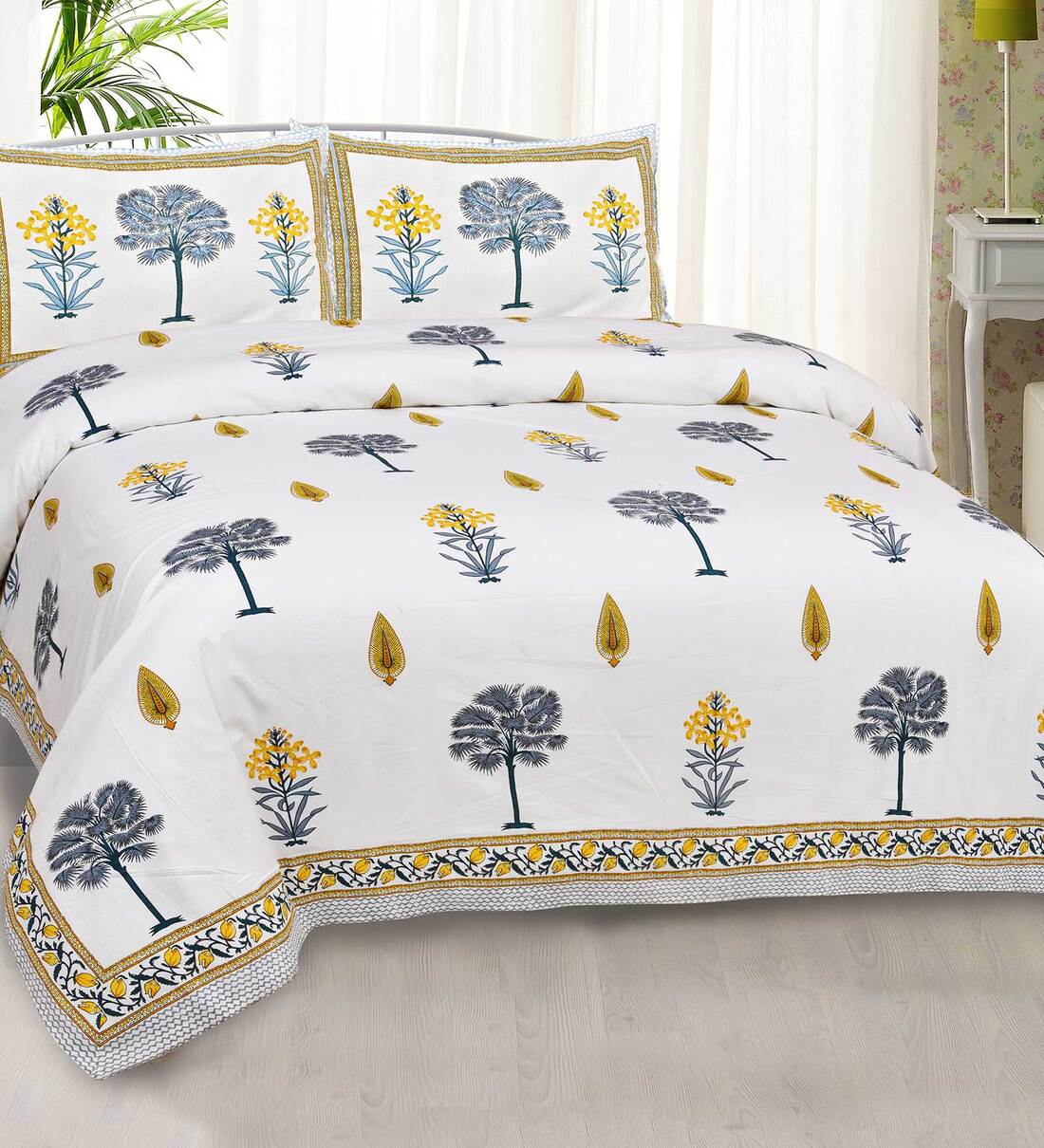 Buy Gold Floral 300 TC Cotton Queen Sized Bed Sheets with 2 Pillow