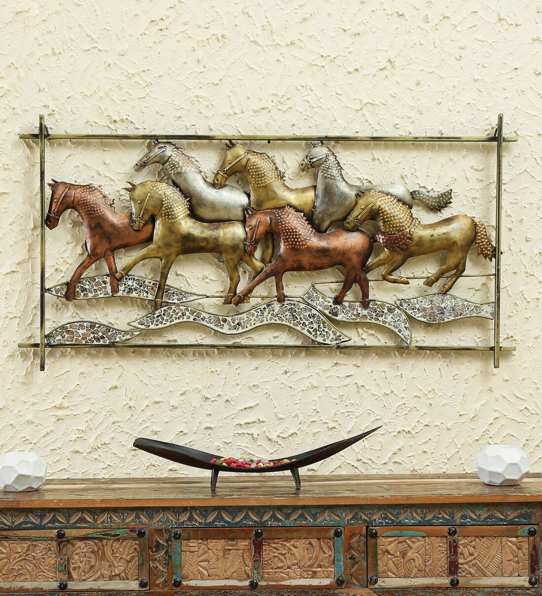Buy Wrought Iron 7 Running Horse In Frame Wall Art In Gold By B K