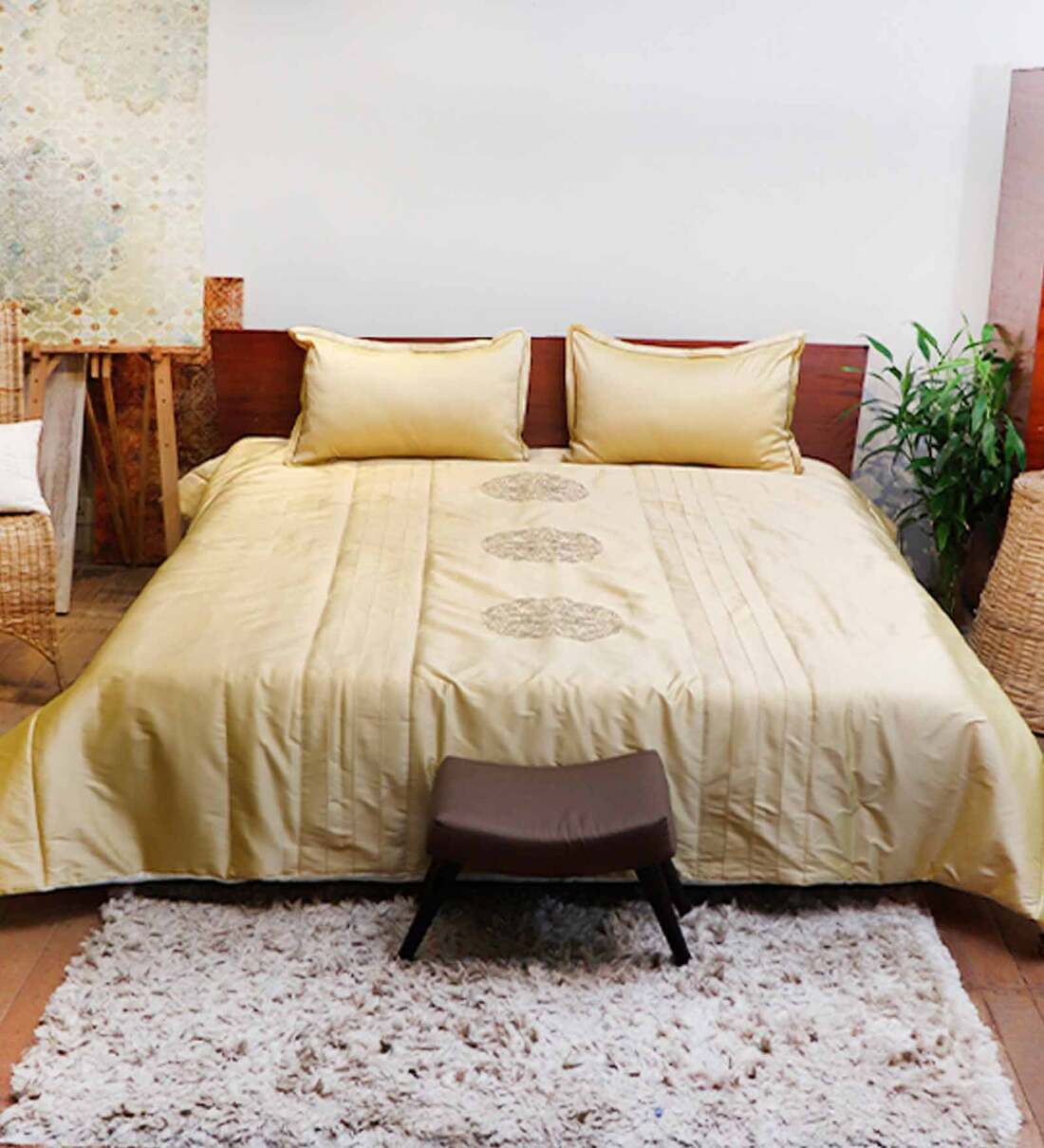 Buy Golden Cotton and Polyester 150 GSM AC Room Double Bed Quilt and 2